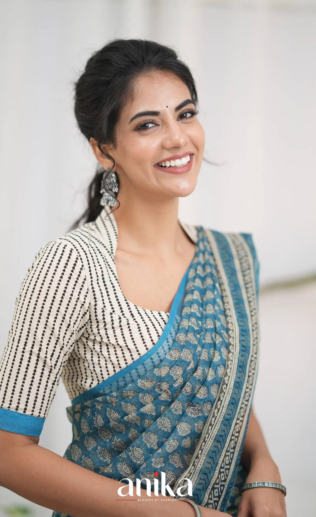 Off white and Blue- Hand Block Printed Cotton Blouse