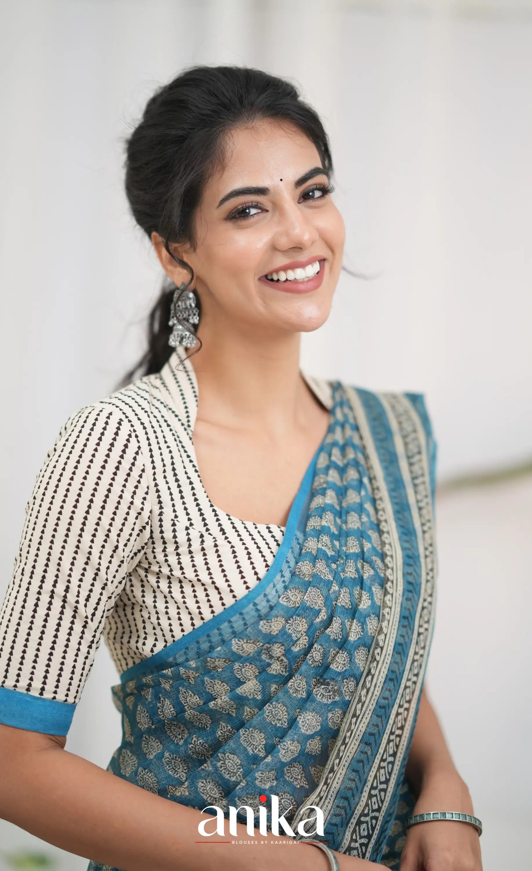 Off white and Blue- Hand Block Printed Cotton Blouse