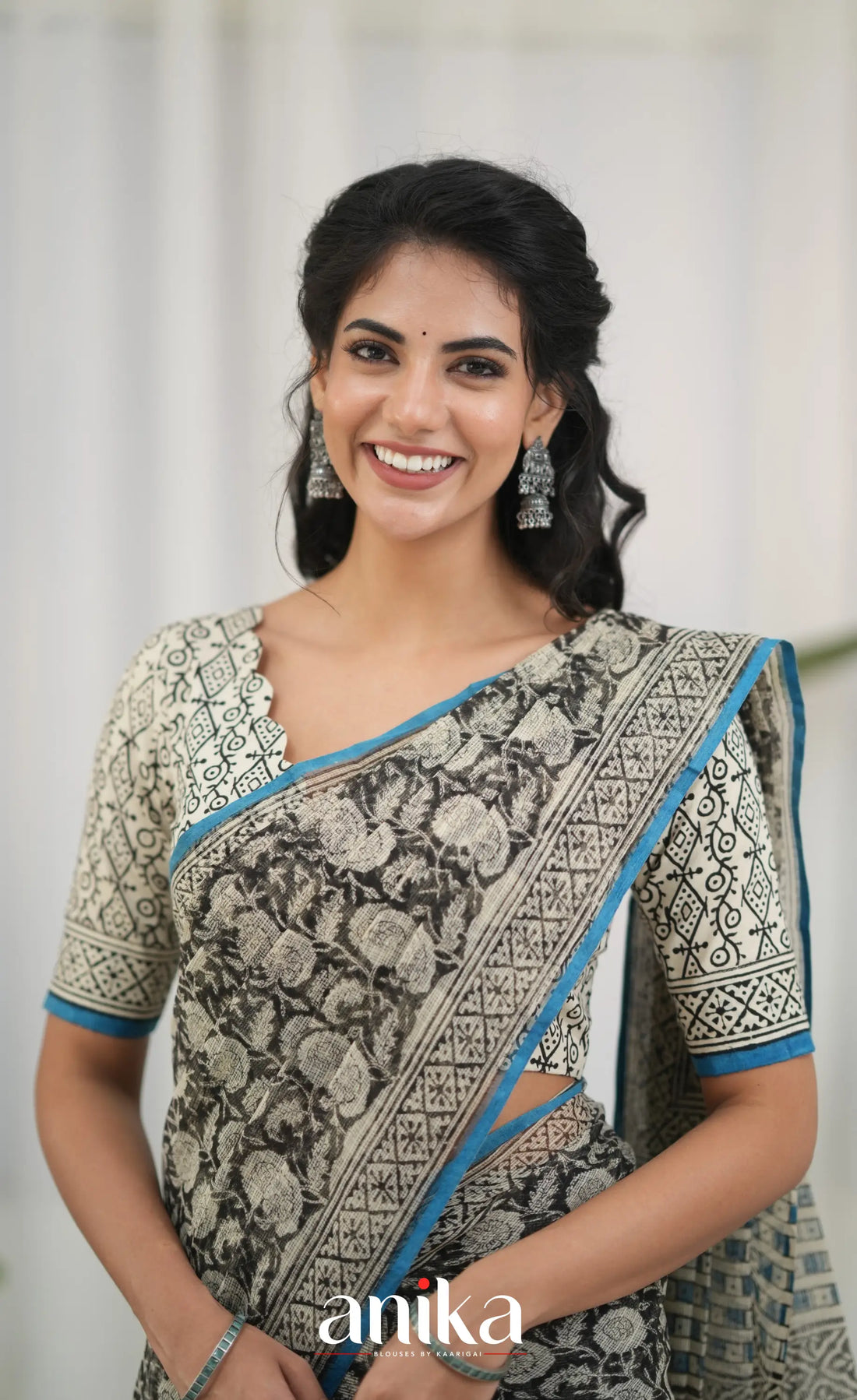 Off white and Blue- Hand Block Printed Cotton Blouse