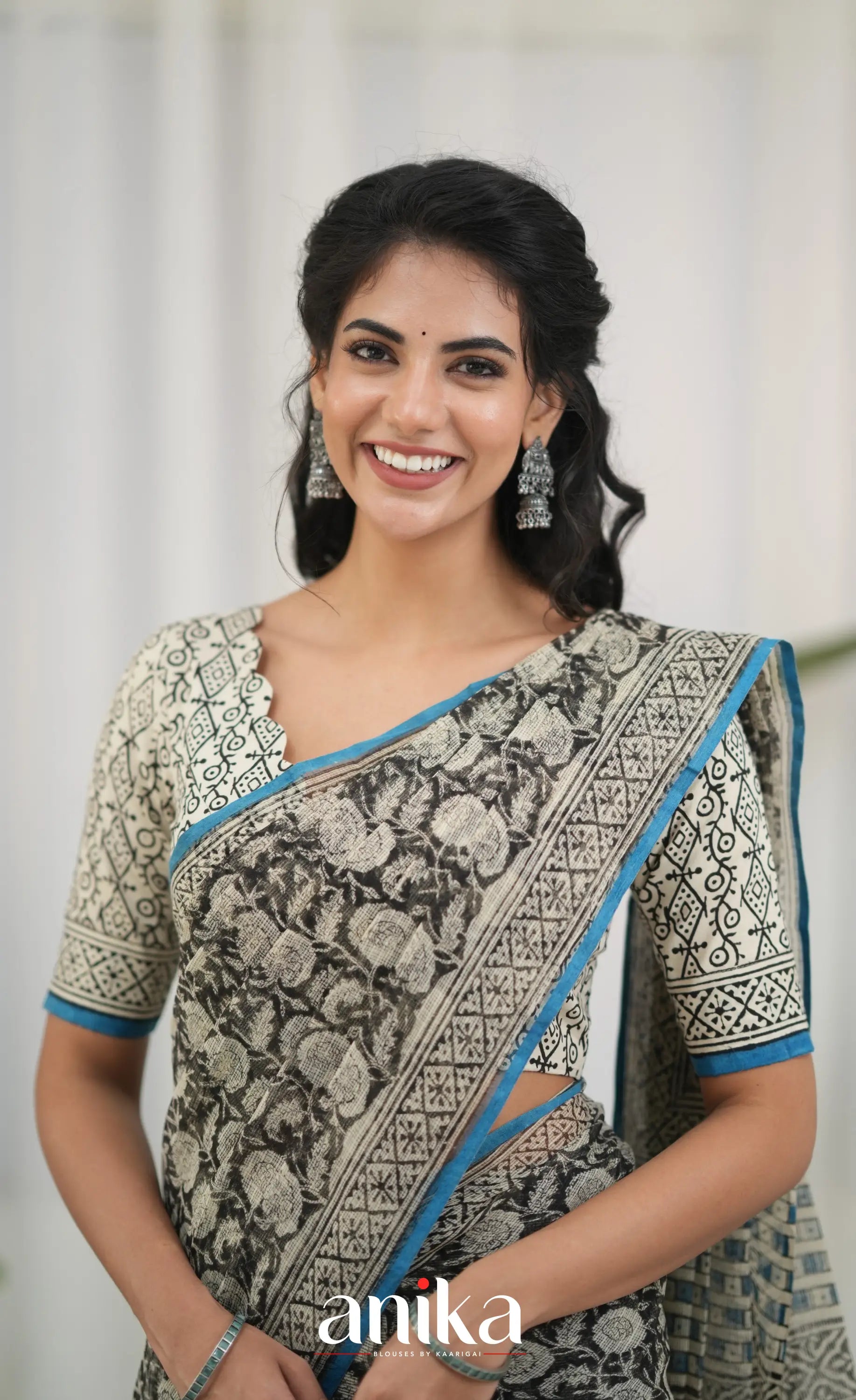 Off white and Blue- Hand Block Printed Cotton Blouse