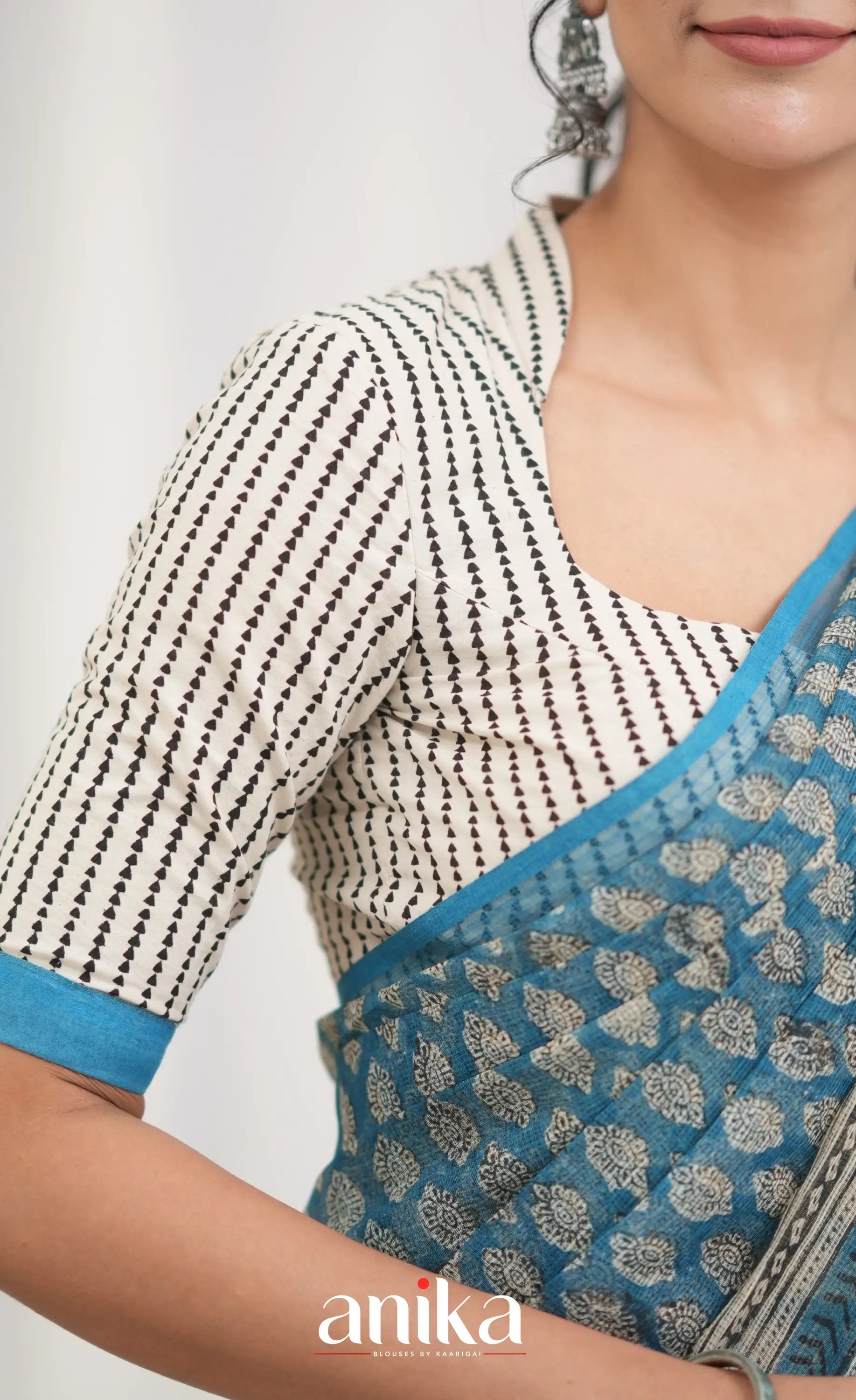 Off white and Blue- Hand Block Printed Cotton Blouse