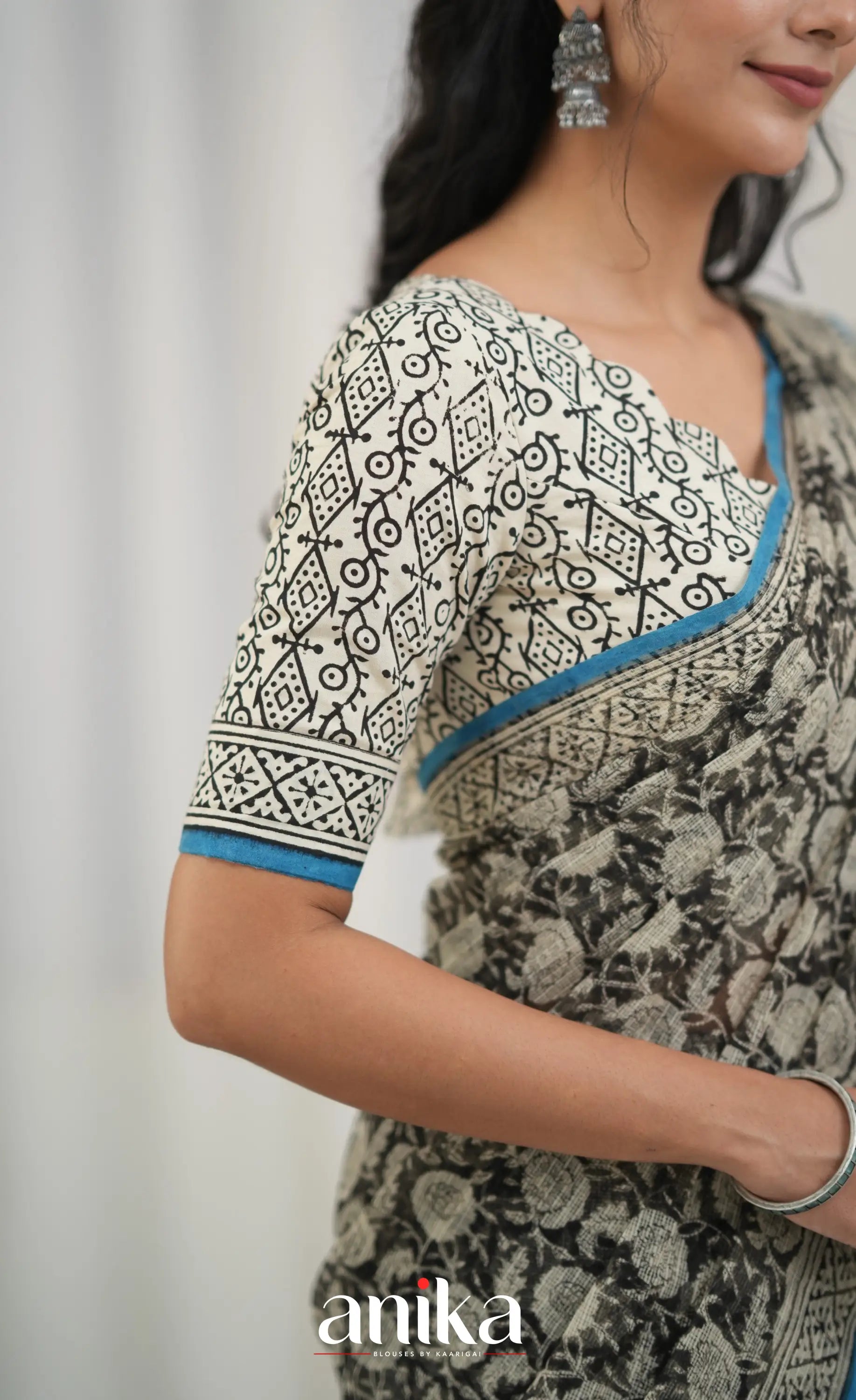 Off white and Blue- Hand Block Printed Cotton Blouse