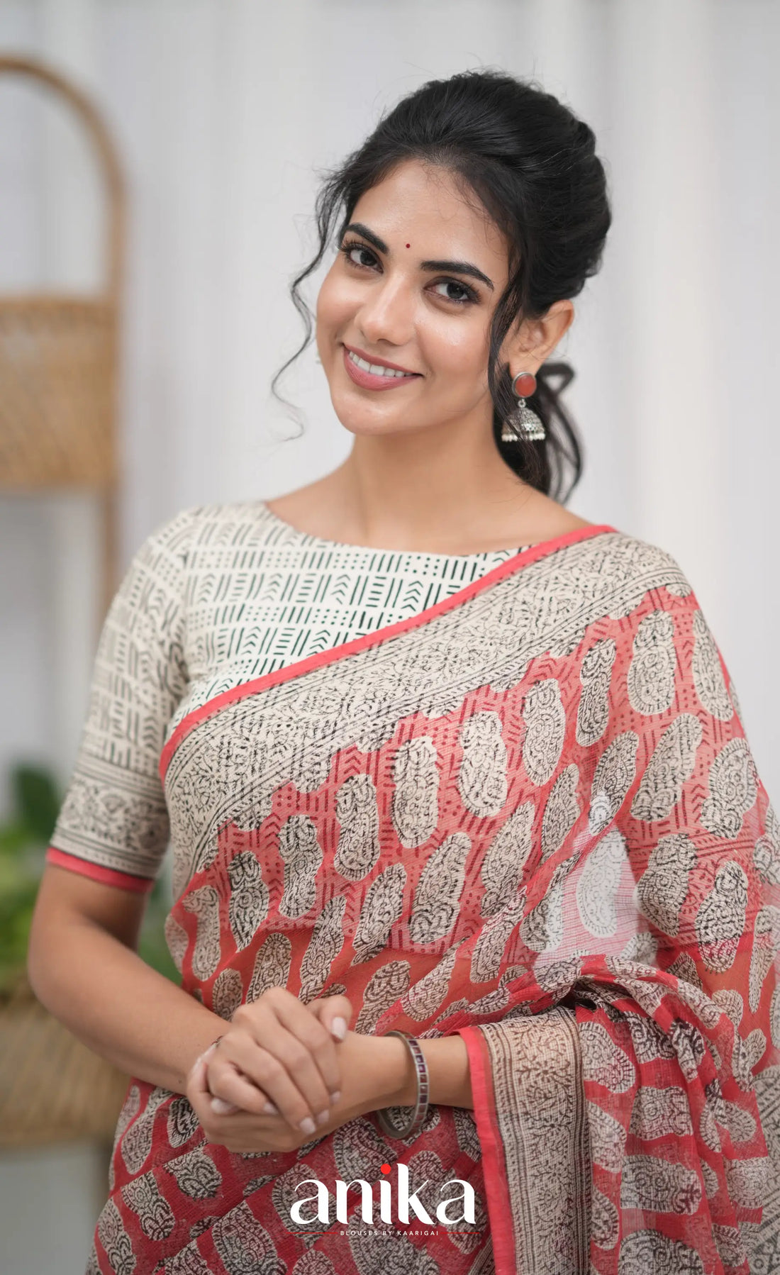 Off white and Red- Hand Block Printed Cotton Blouse