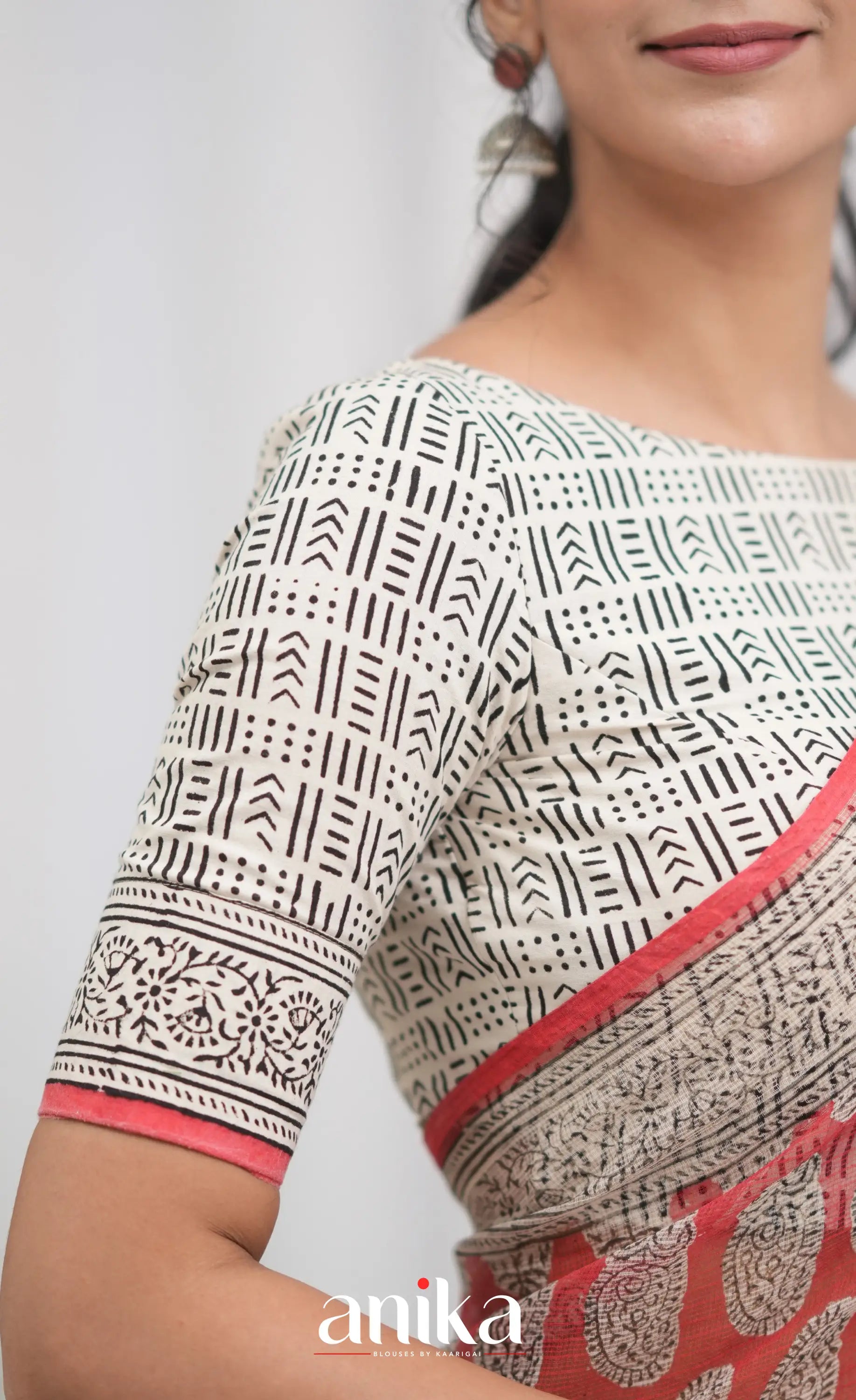 Off white and Red- Hand Block Printed Cotton Blouse