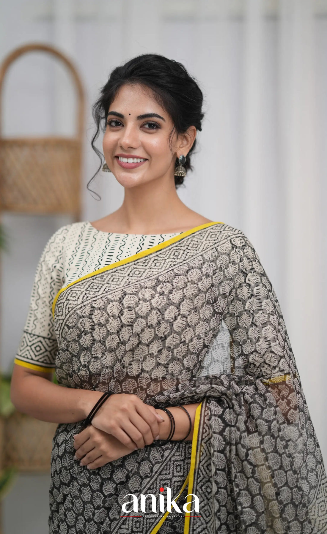 Off white and Yellow- Hand Block Printed Cotton Blouse