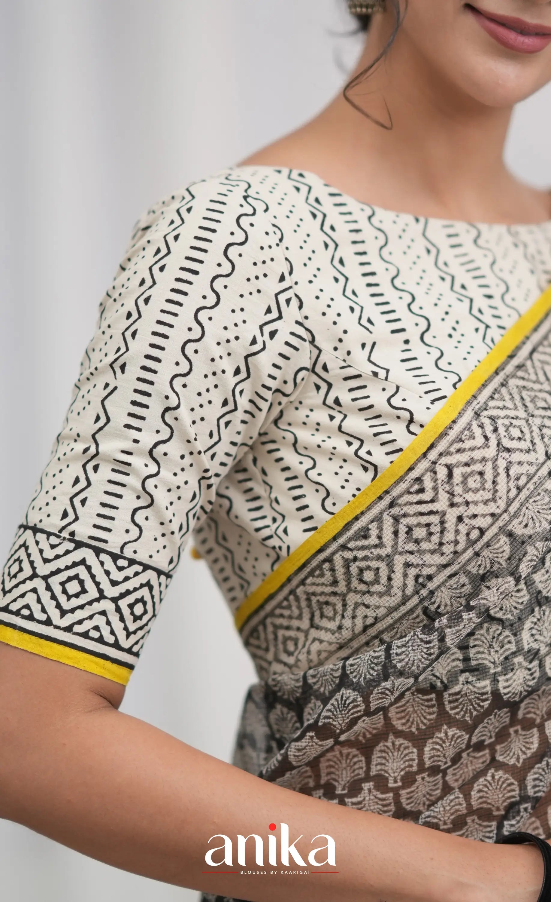 Off white and Yellow- Hand Block Printed Cotton Blouse