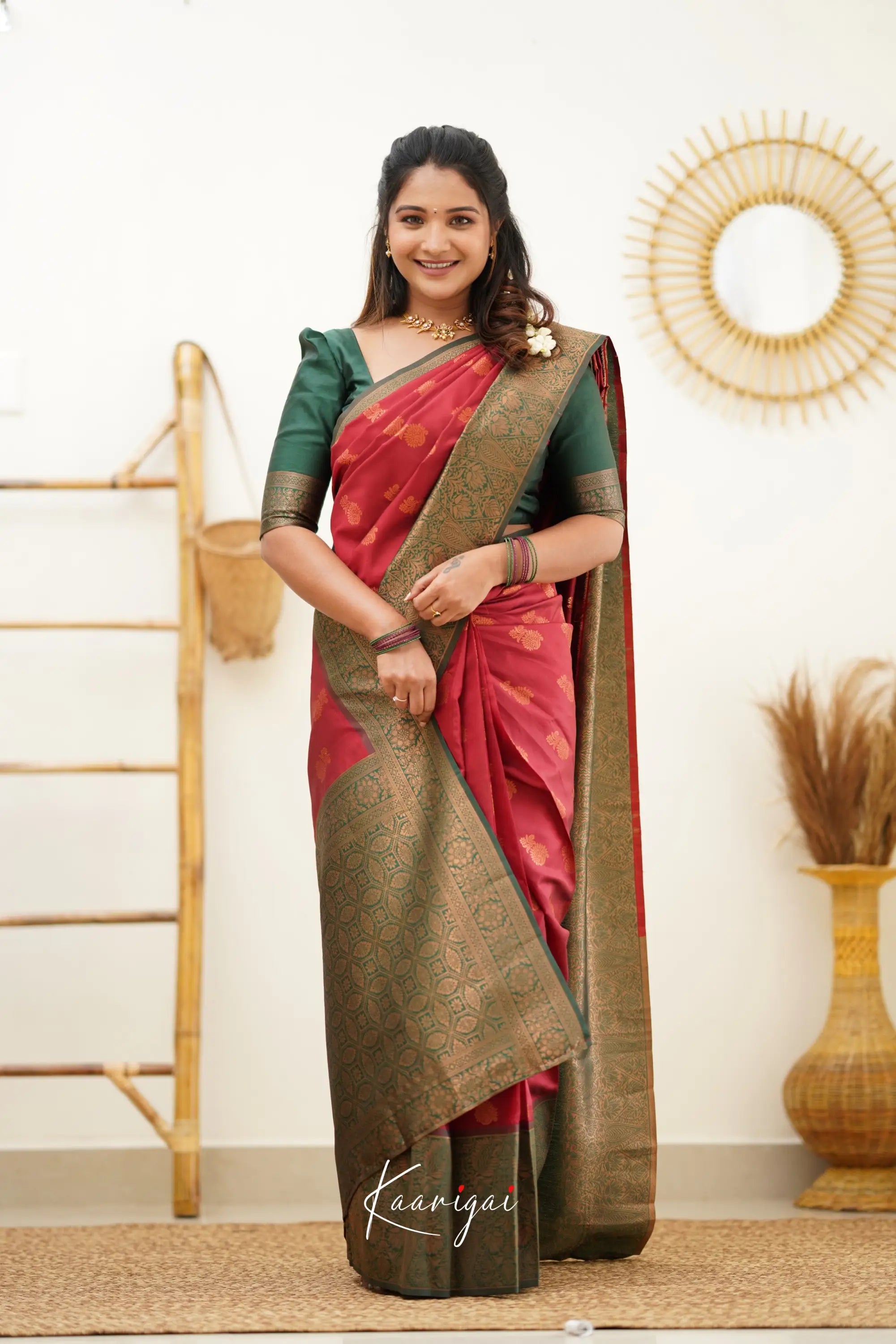 Sita Maroon Red and Dark Green Semi Silk Saree