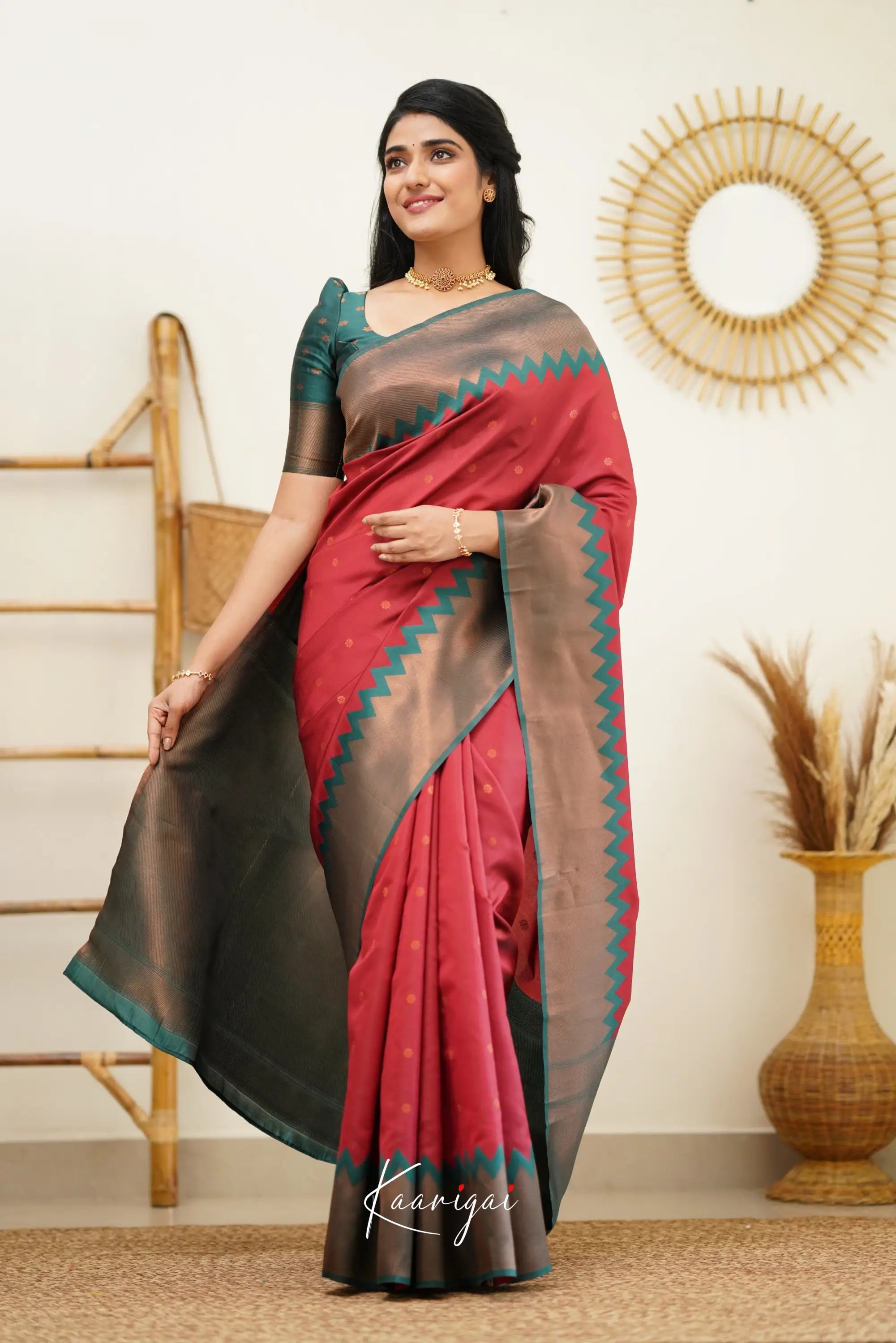Kanchi Cotton Saree : Dark Green x Maroon main image 1
