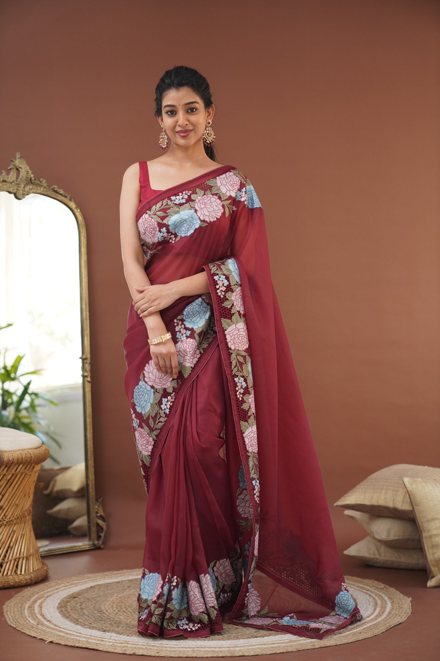 Nakshatra Flowy Net Organza Saree - Maroon