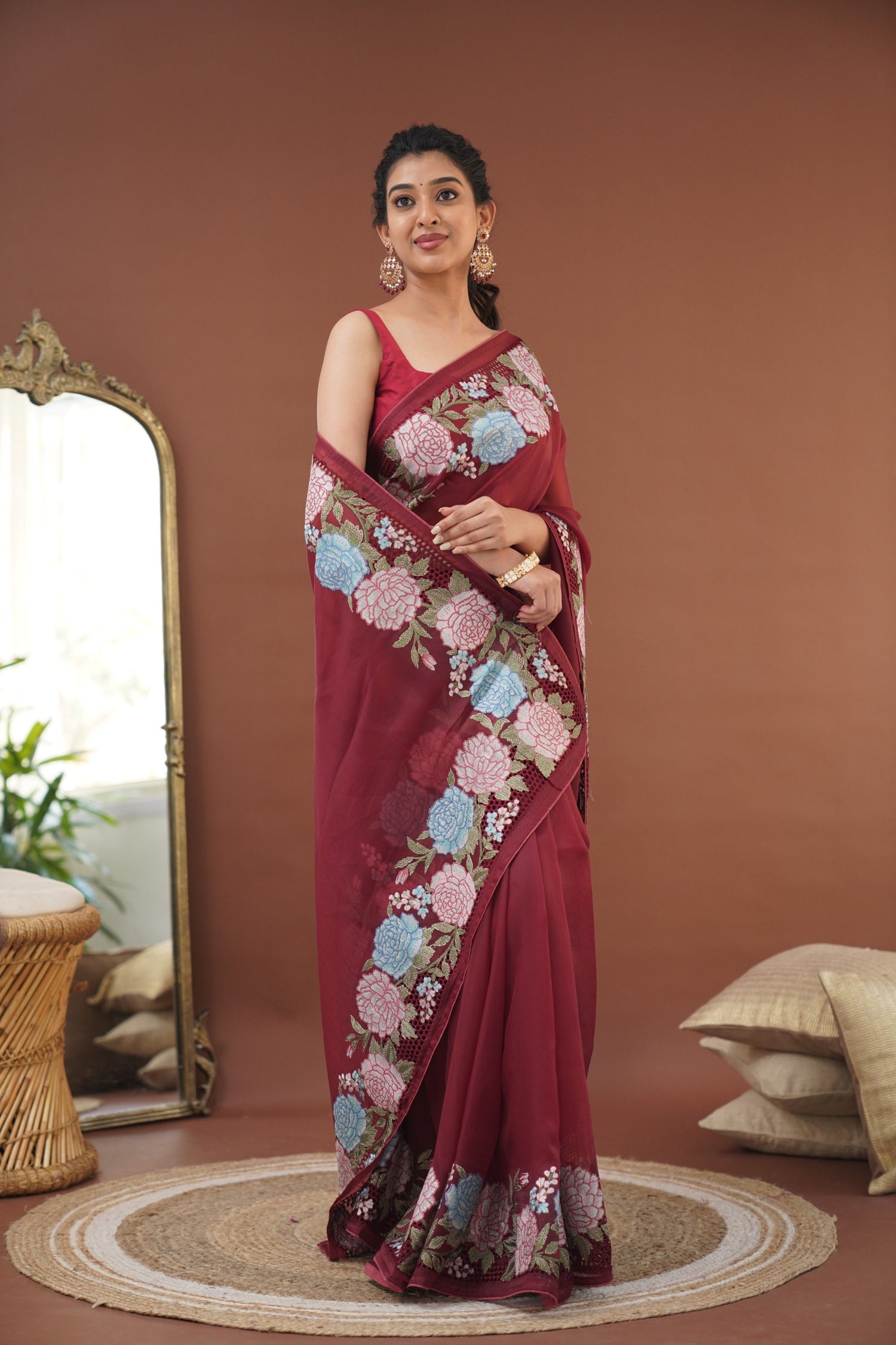 Nakshatra Flowy Net Organza Saree - Maroon