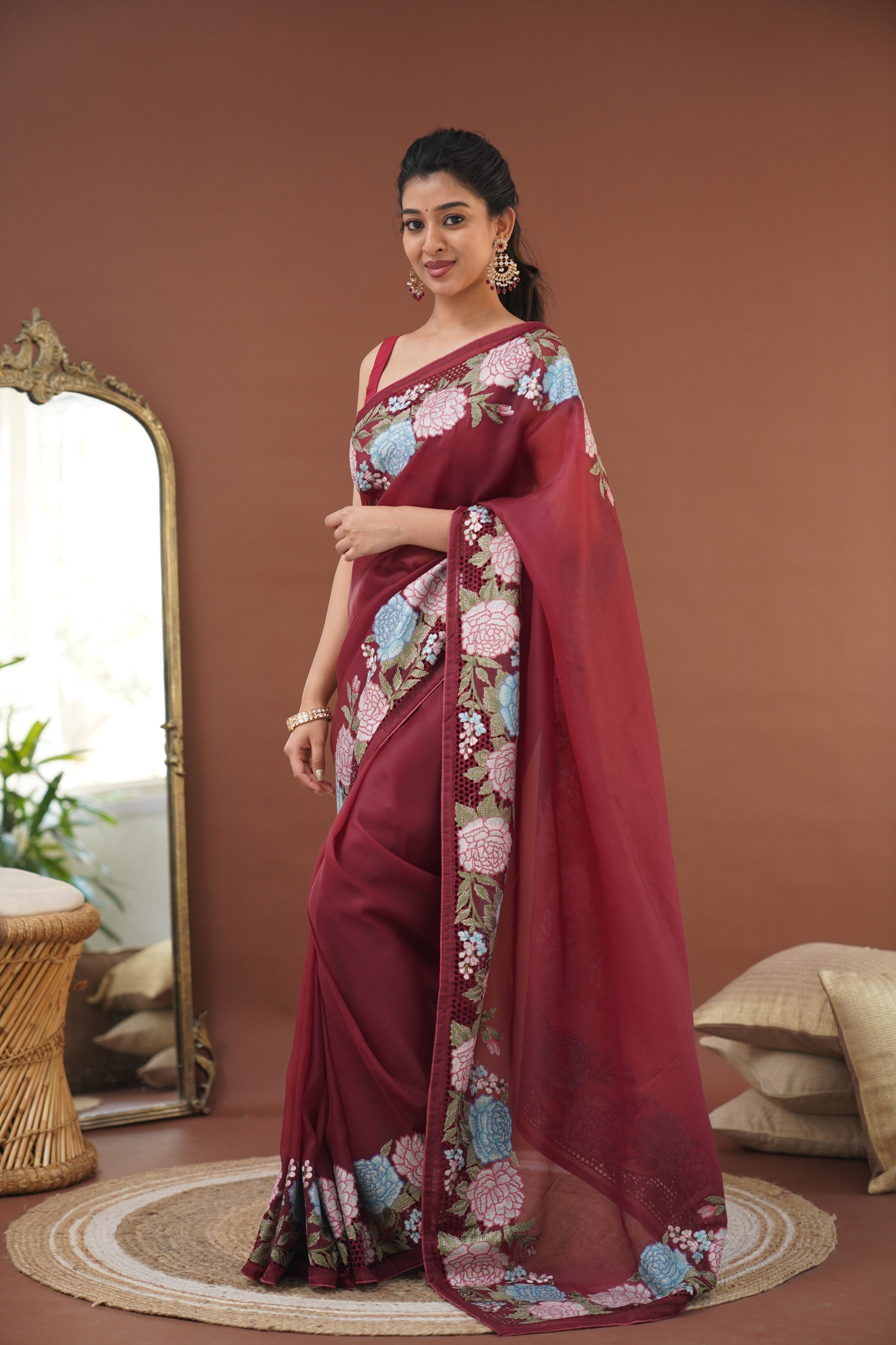 Nakshatra Flowy Net Organza Saree - Maroon