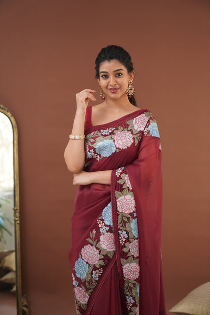 Nakshatra Flowy Net Organza Saree - Maroon