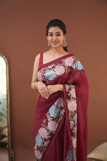 Nakshatra Flowy Net Organza Saree - Maroon