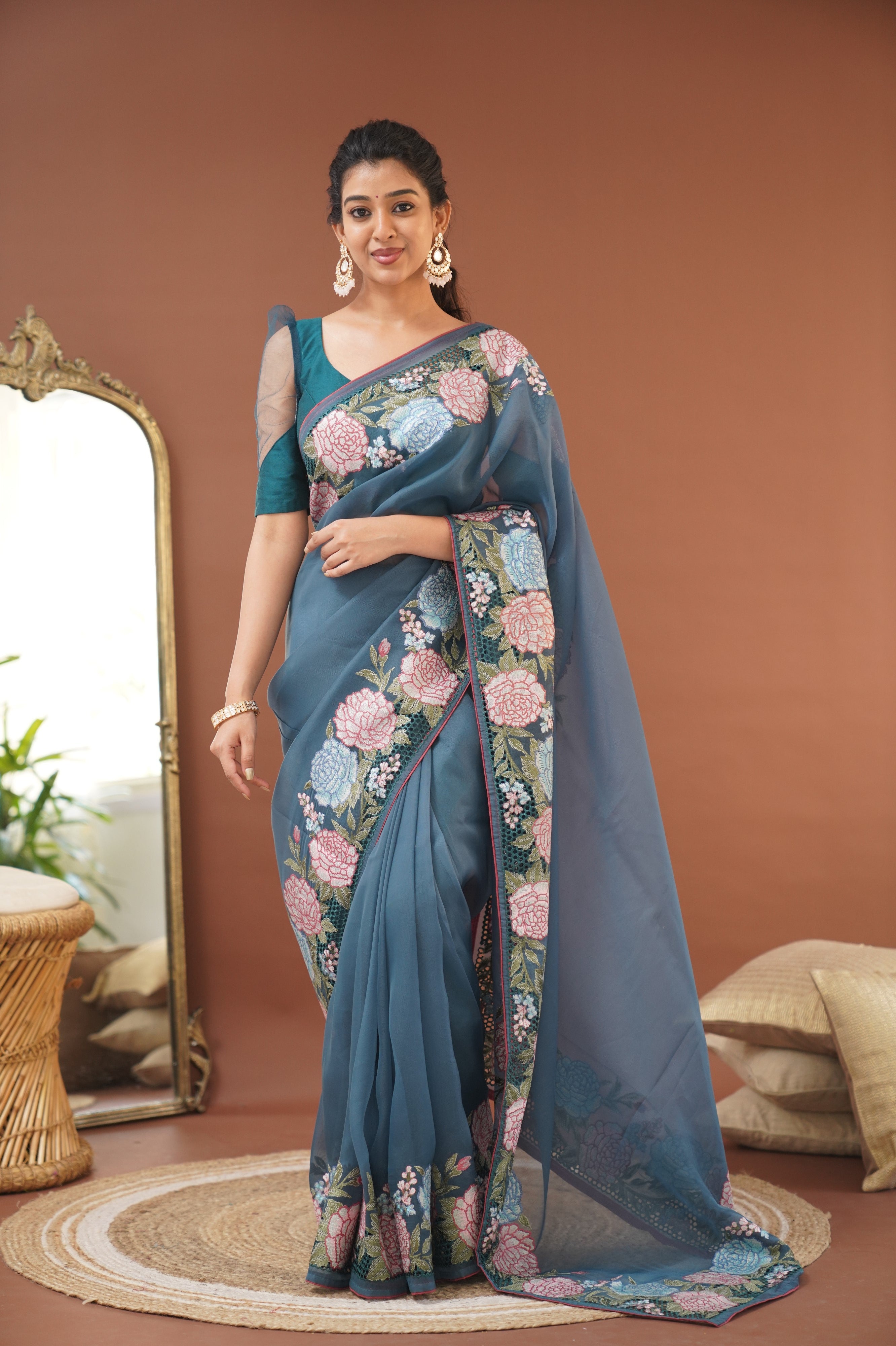 Nakshatra Flowy Net Organza Saree - Teal Blue