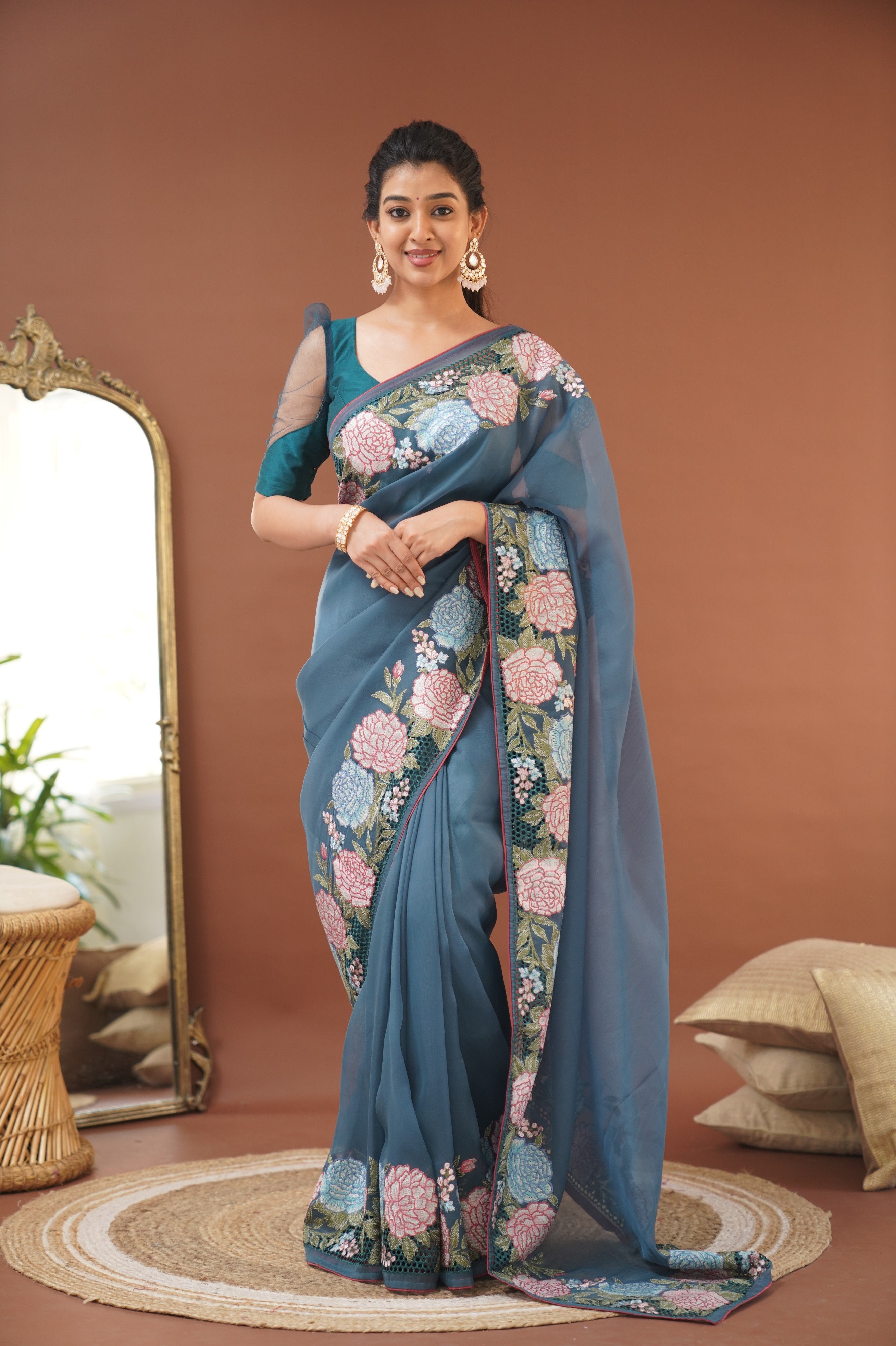 Nakshatra Flowy Net Organza Saree - Teal Blue