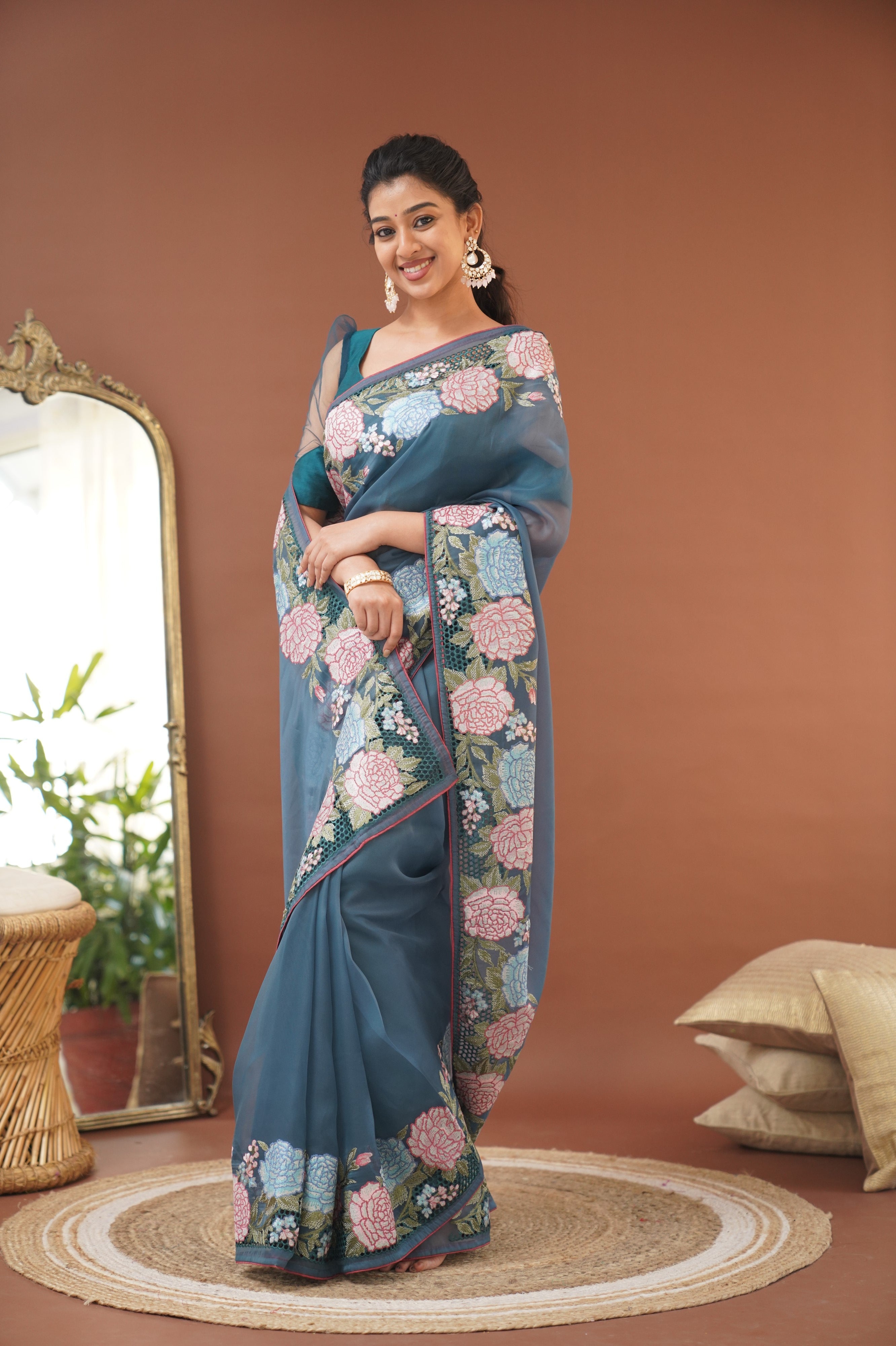 Nakshatra Flowy Net Organza Saree - Teal Blue