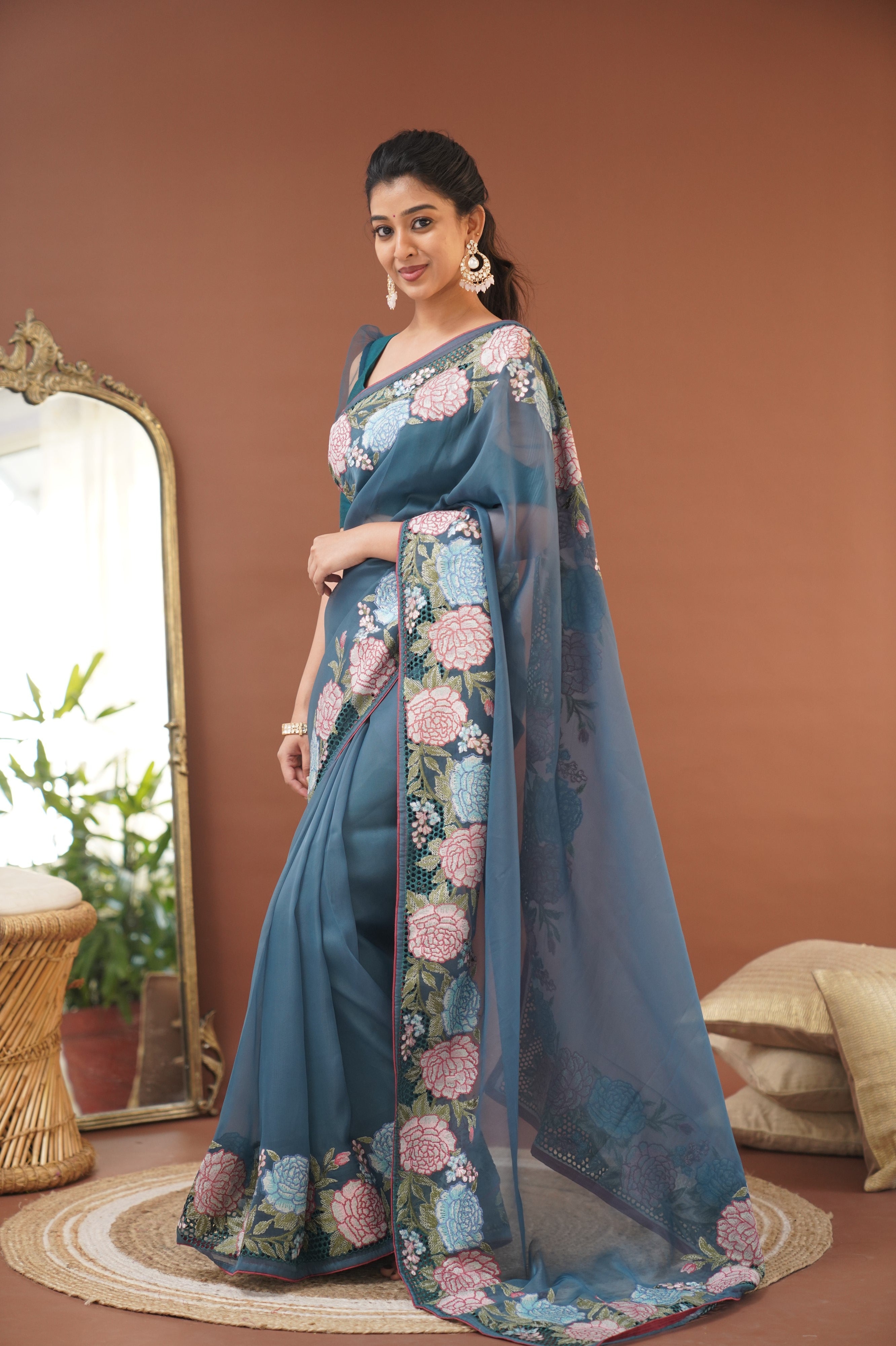 Nakshatra Flowy Net Organza Saree - Teal Blue