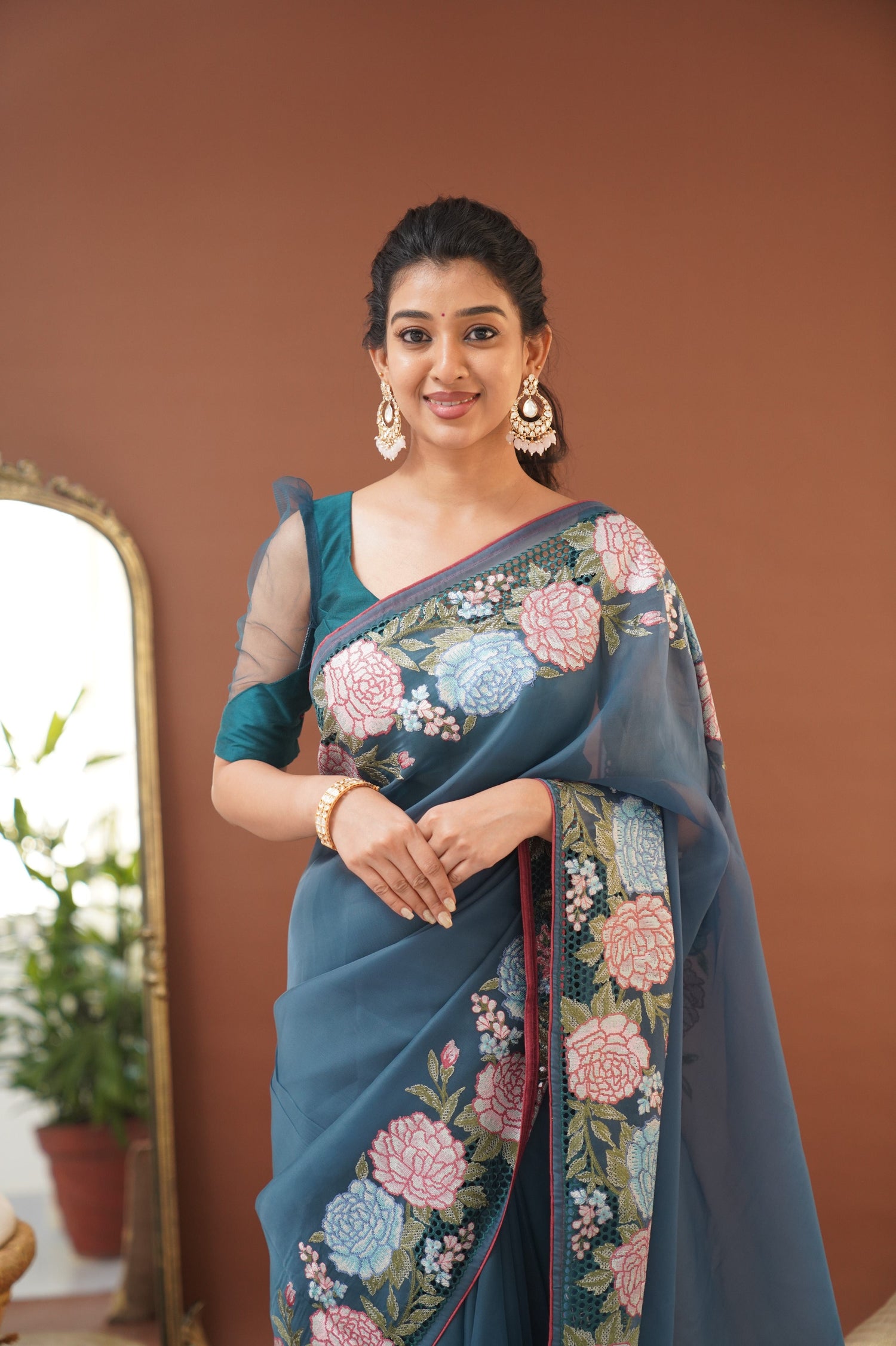 Nakshatra Flowy Net Organza Saree - Teal Blue