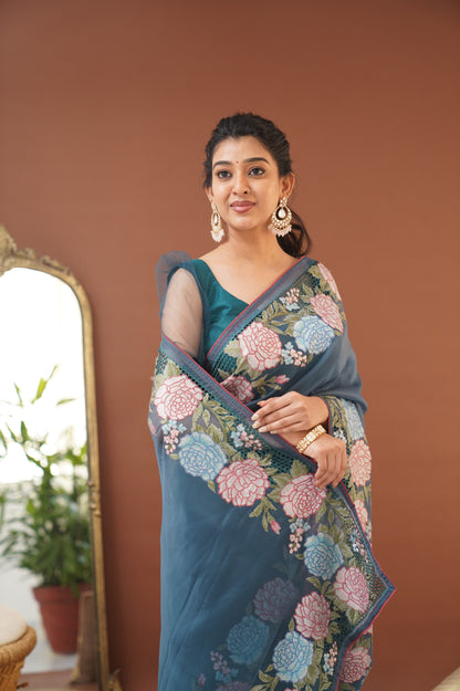 Nakshatra Flowy Net Organza Saree - Teal Blue