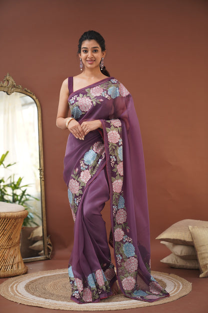 Nakshatra Flowy Net Organza Saree - Dark Purple