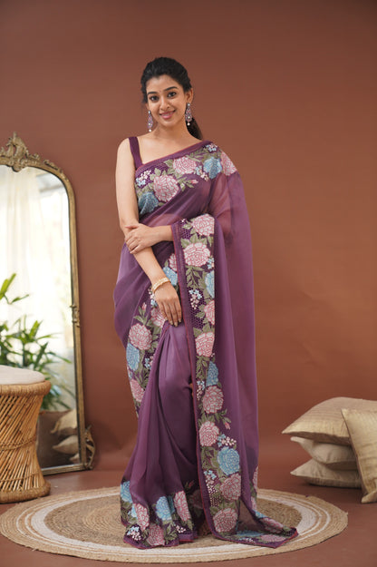 Nakshatra Flowy Net Organza Saree - Dark Purple