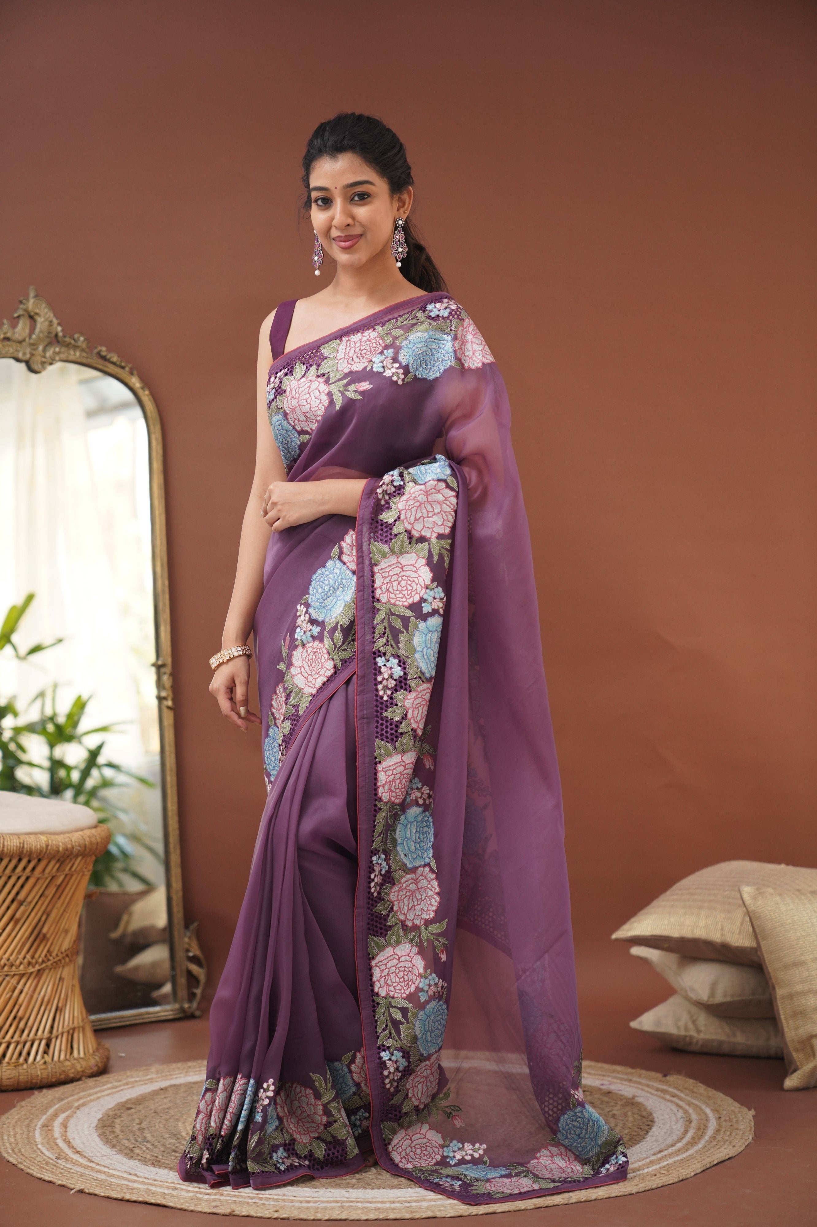 Nakshatra Flowy Net Organza Saree - Dark Purple