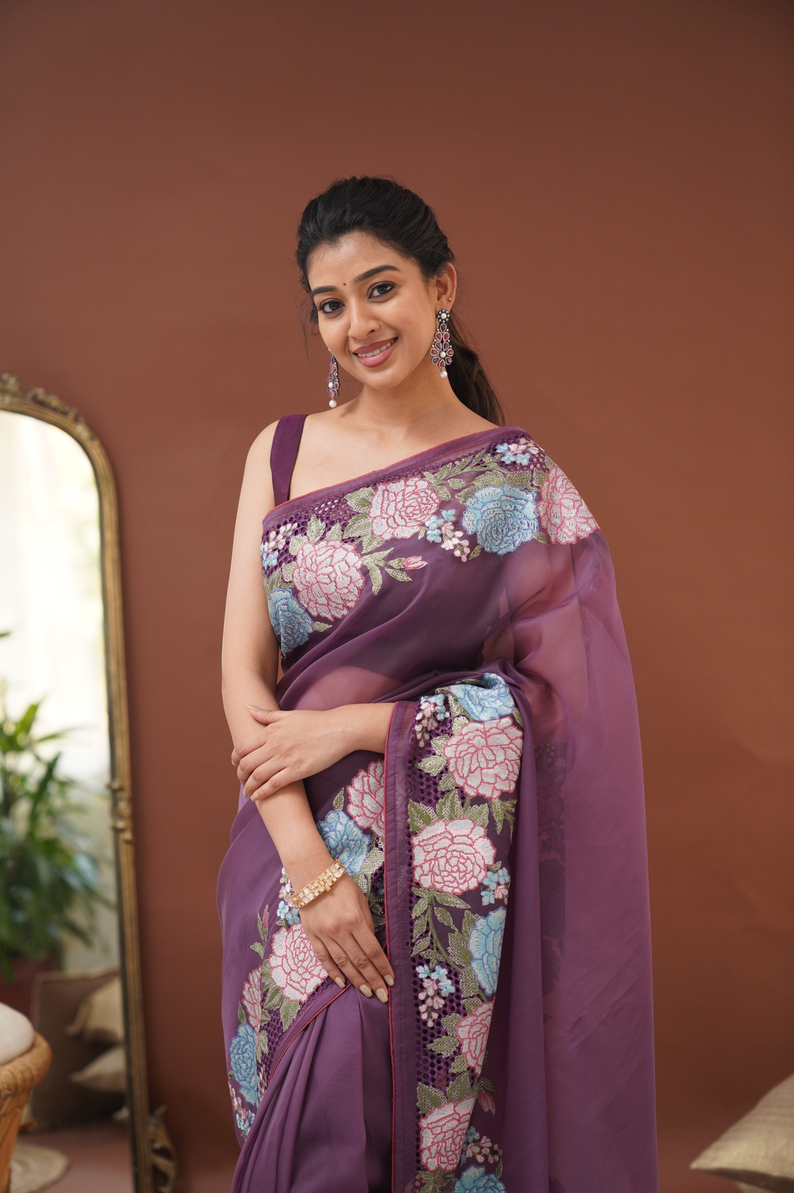 Nakshatra Flowy Net Organza Saree - Dark Purple