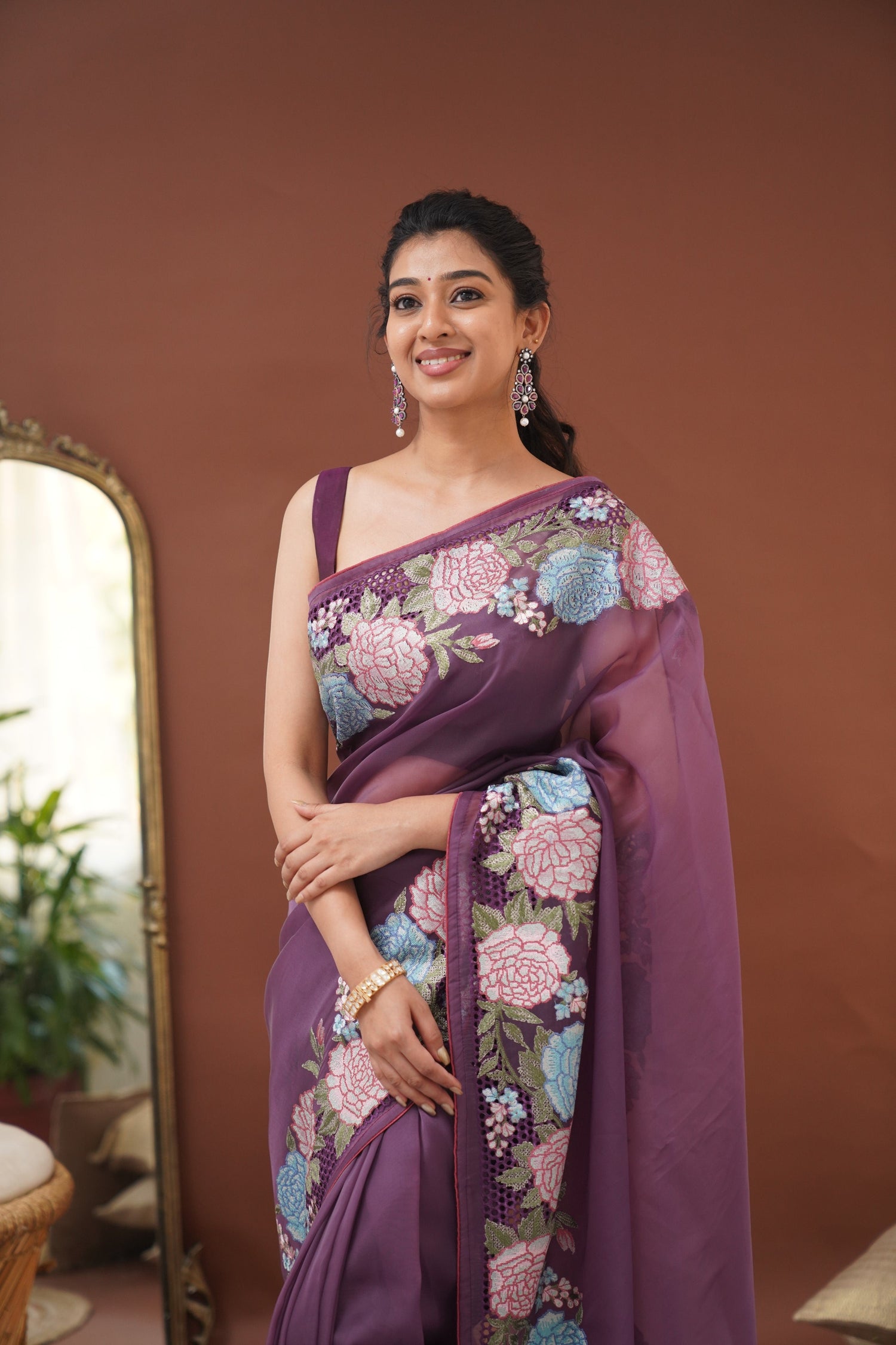 Nakshatra Flowy Net Organza Saree - Dark Purple