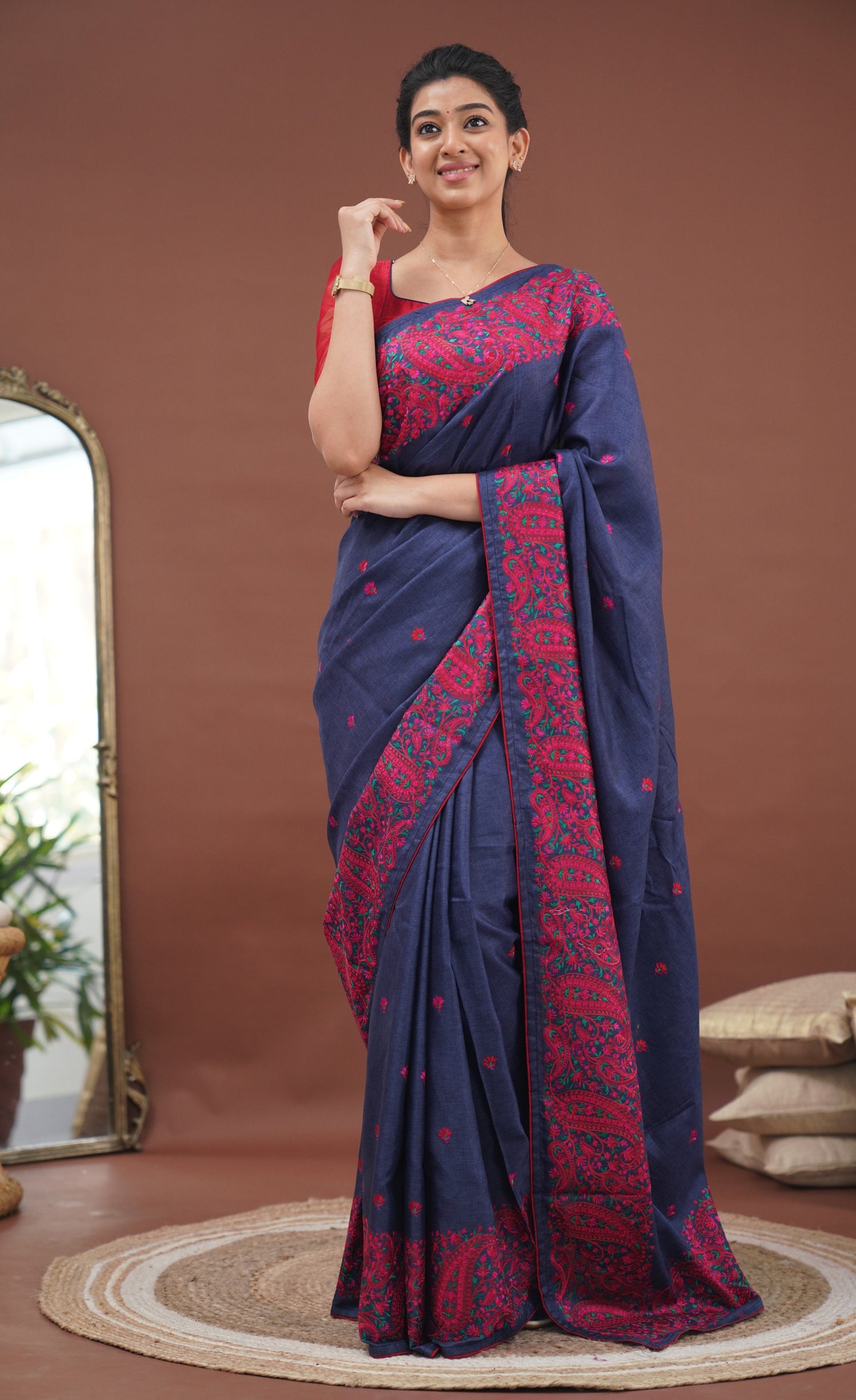 Nakshatra Semi Tissue Saree - Blue and Red