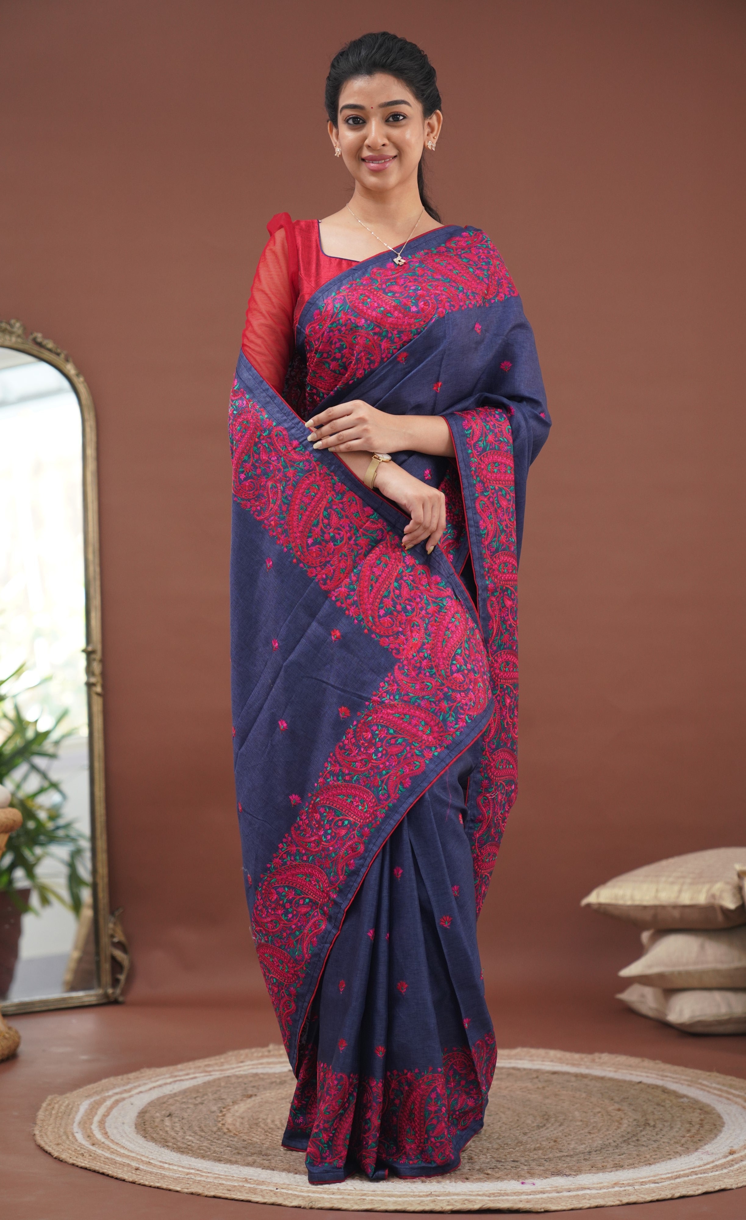 Nakshatra Semi Tissue Saree - Blue and Red