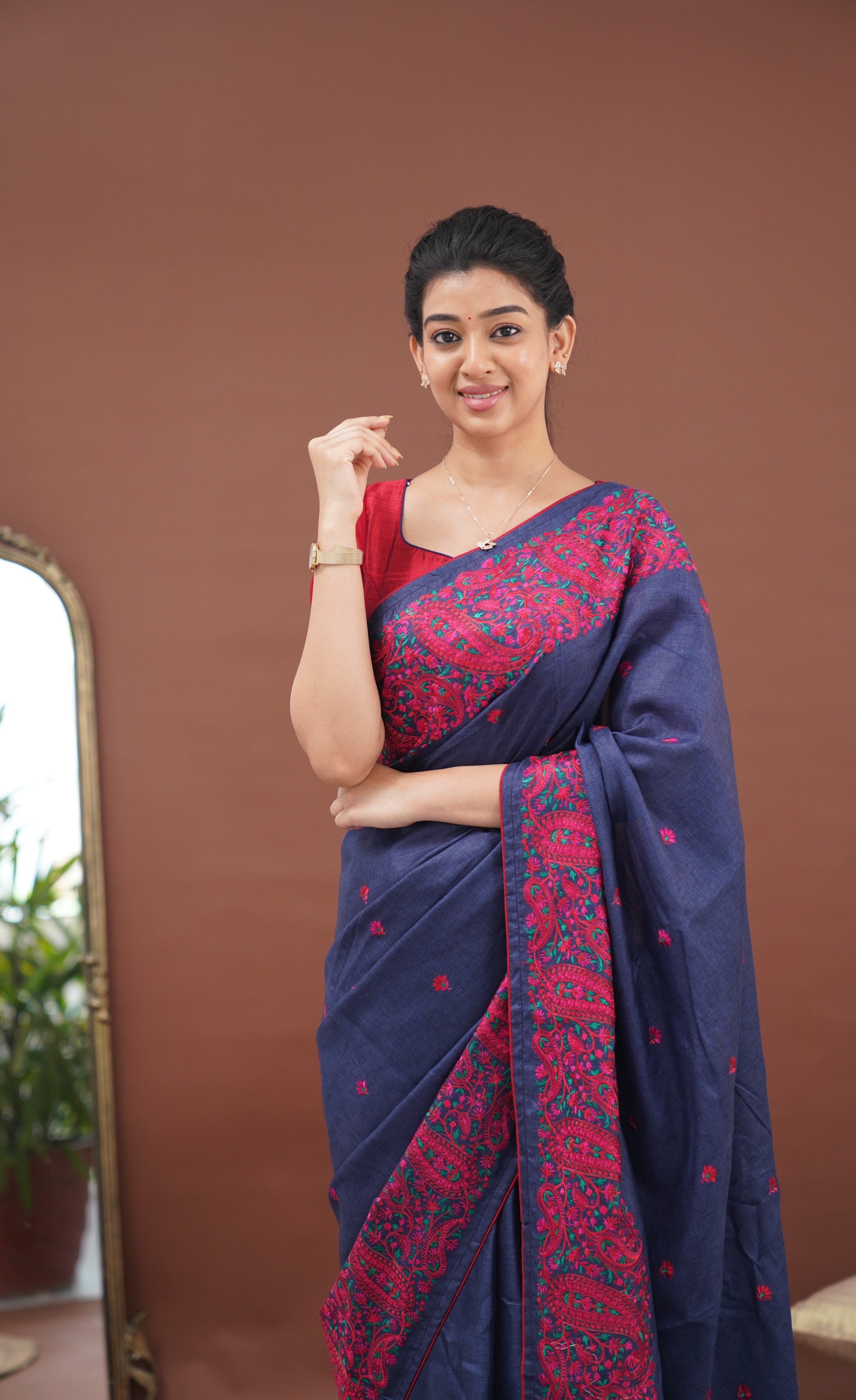 Nakshatra Semi Tissue Saree - Blue and Red