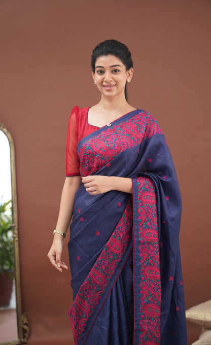 Nakshatra Semi Tissue Saree - Blue and Red