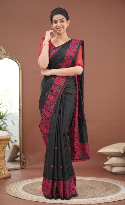 Nakshatra Semi Tissue Saree - Black and Red