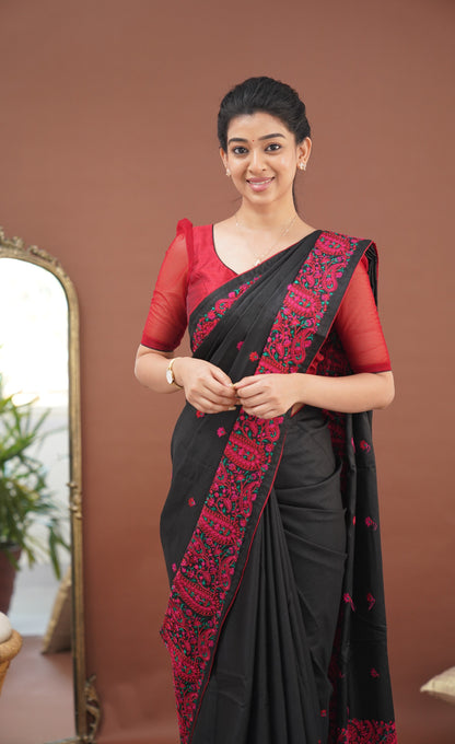 Nakshatra Semi Tissue Saree - Black and Red