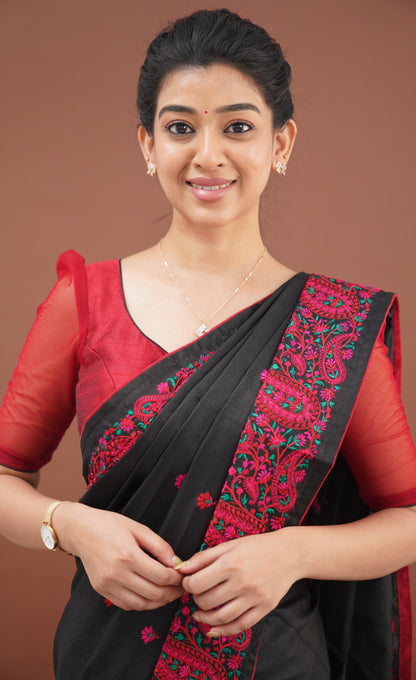 Nakshatra Semi Tissue Saree - Black and Red