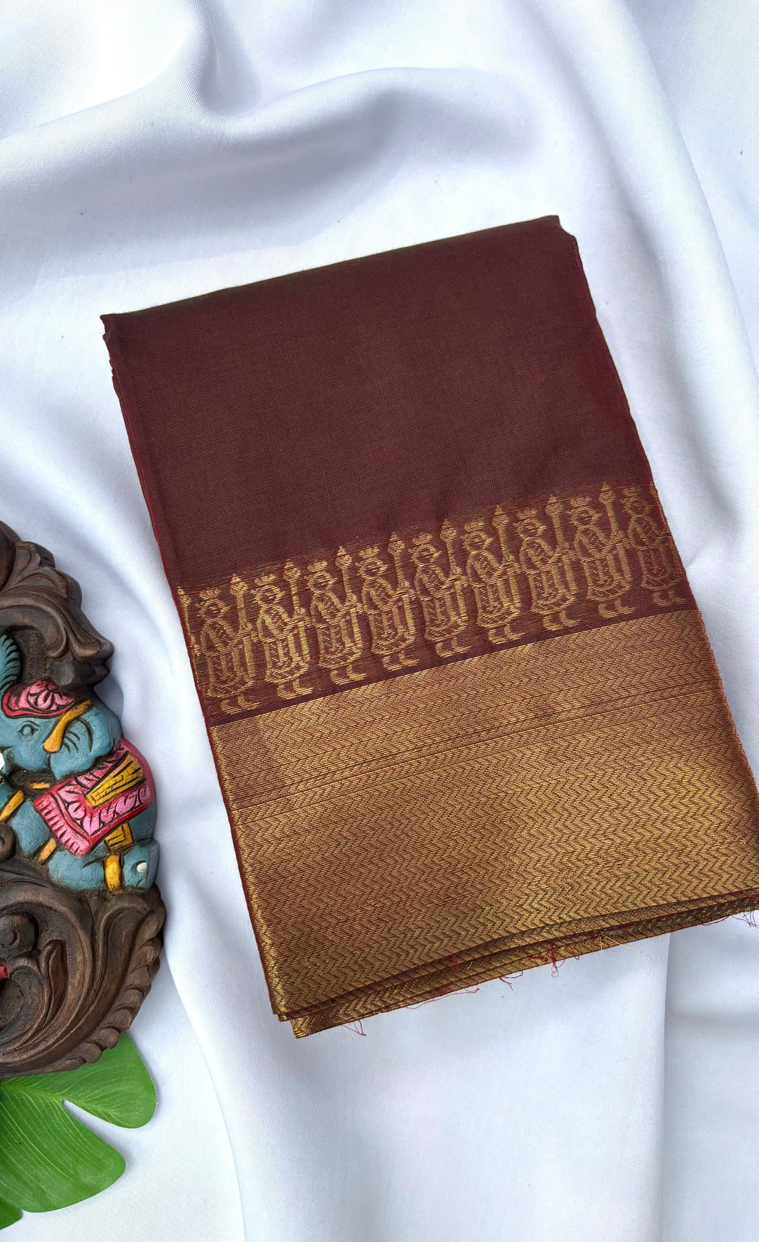 Chettinad Cotton Saree -  Chocolate brown shade and Antique gold tone