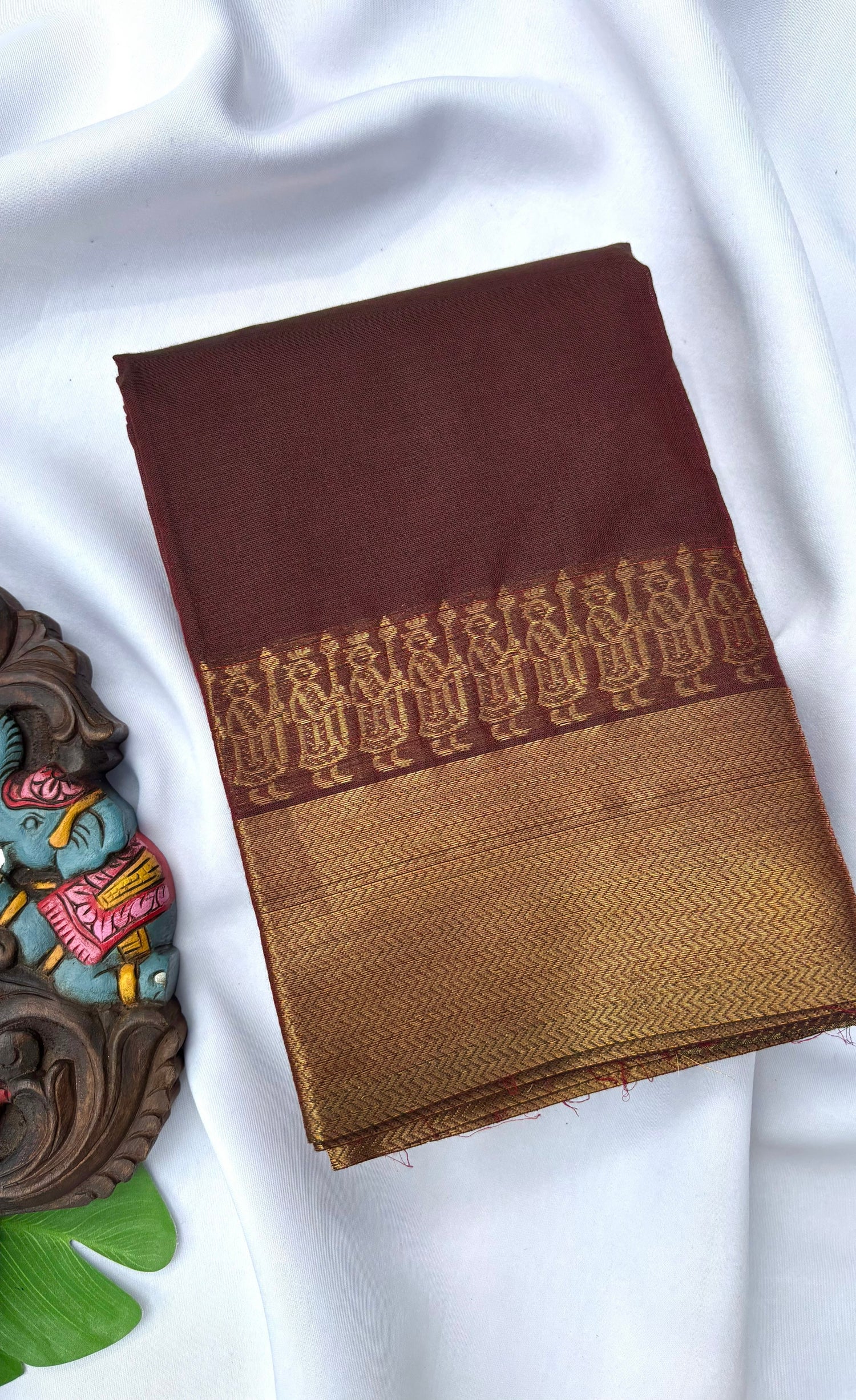 Chettinad Cotton Saree -  Chocolate brown shade and Antique gold tone
