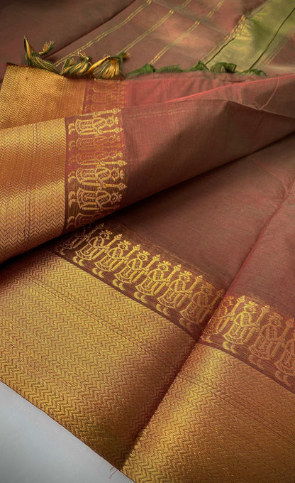Chettinad Cotton Saree -  Chocolate brown shade and Antique gold tone