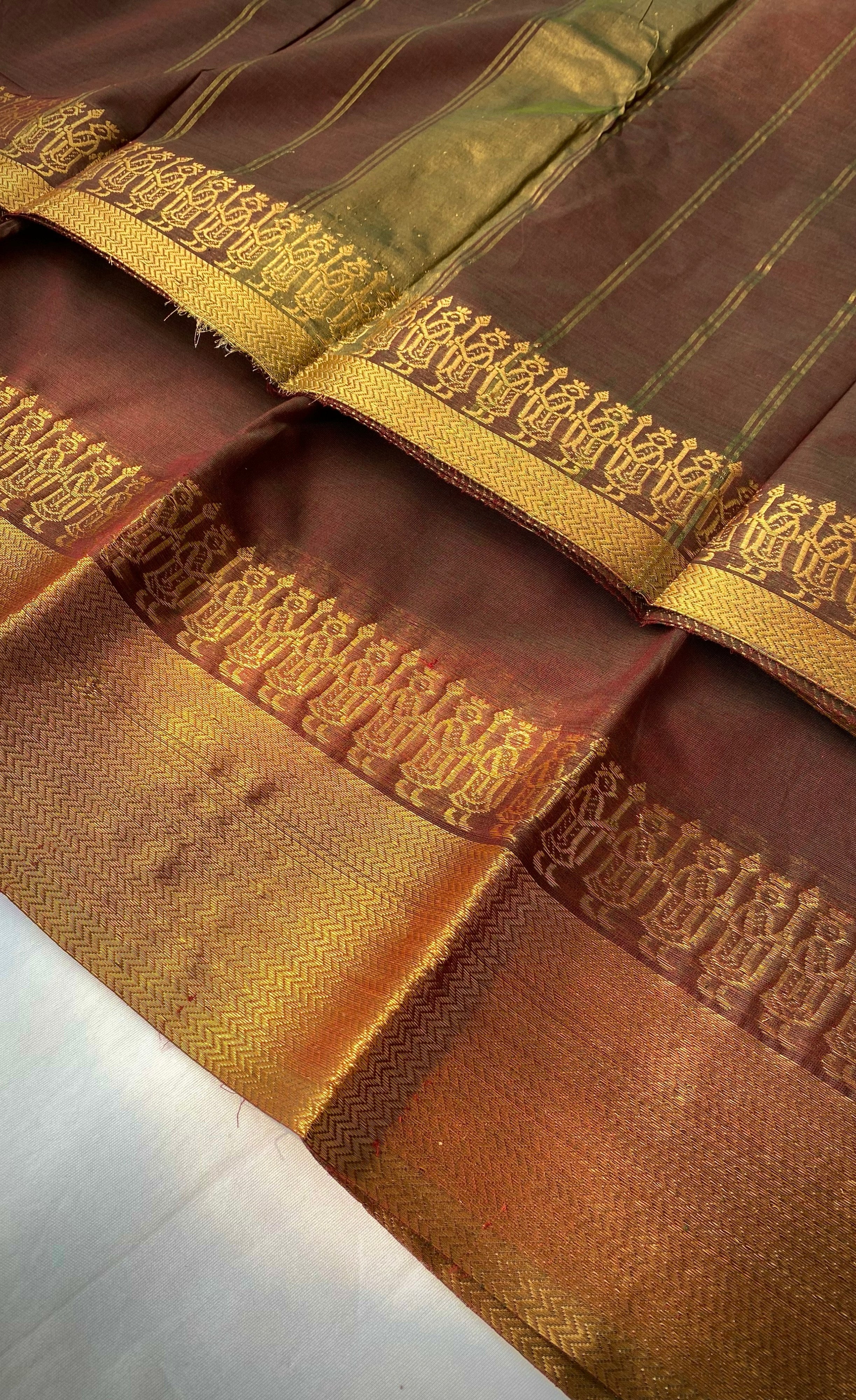 Chettinad Cotton Saree -  Chocolate brown shade and Antique gold tone