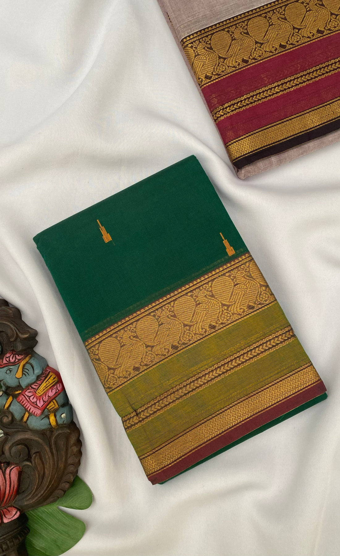 Chettinad Cotton Saree - Dark green shade and Light green tone