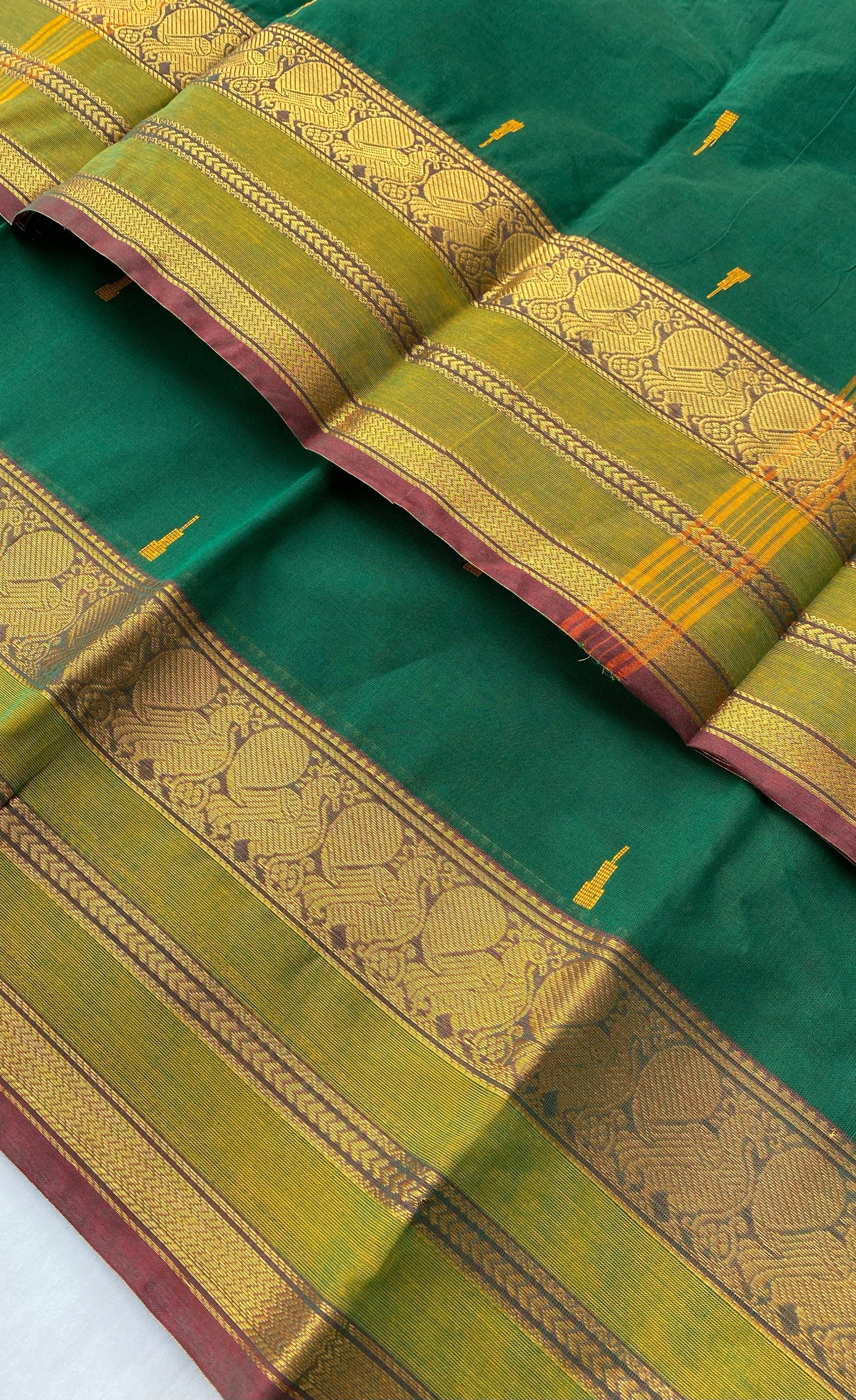 Chettinad Cotton Saree -  Dark green shade and Light green tone