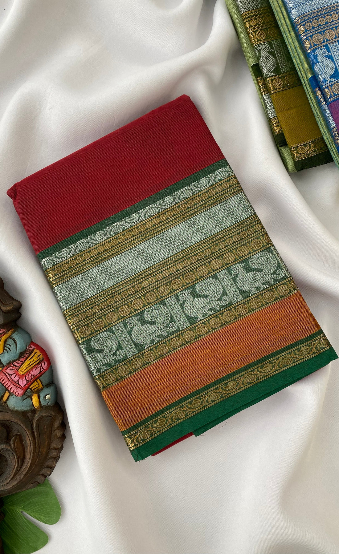 Chettinad Cotton Saree -  Reddish Maroon tone and Green shade
