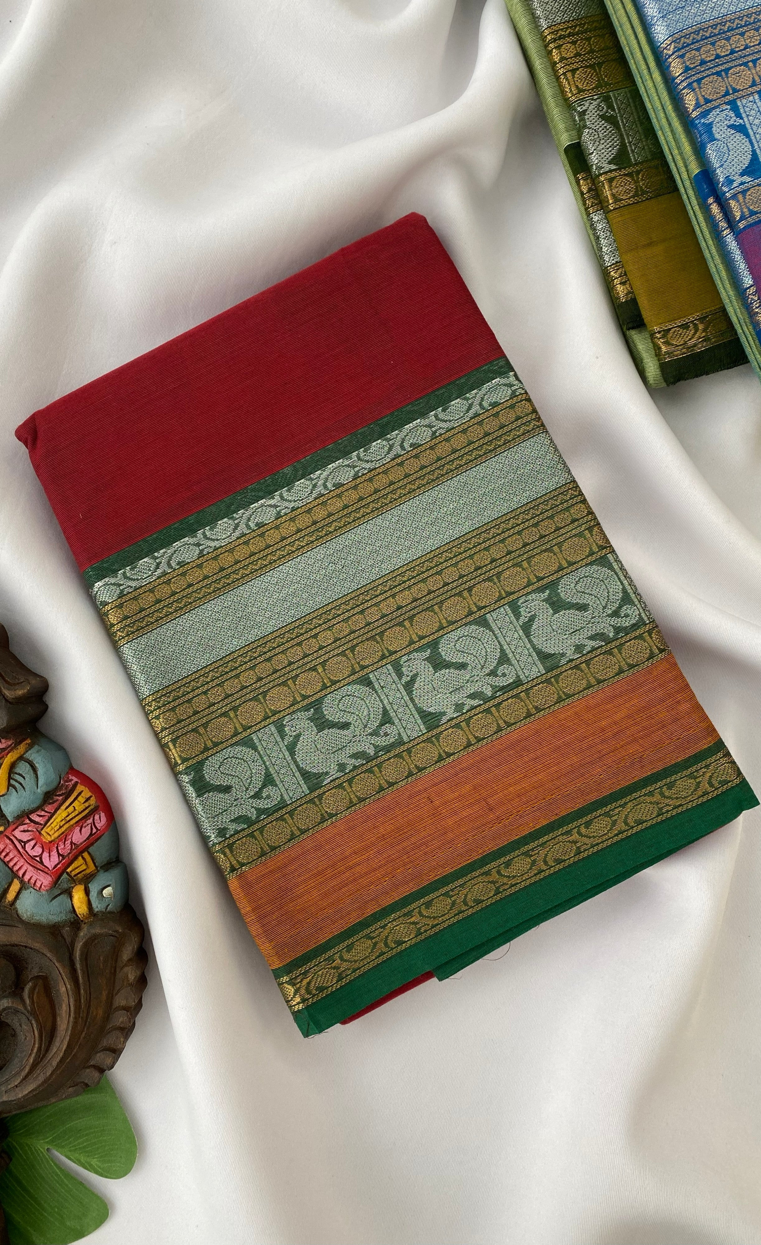 Chettinad Cotton Saree -  Reddish Maroon tone and Green shade