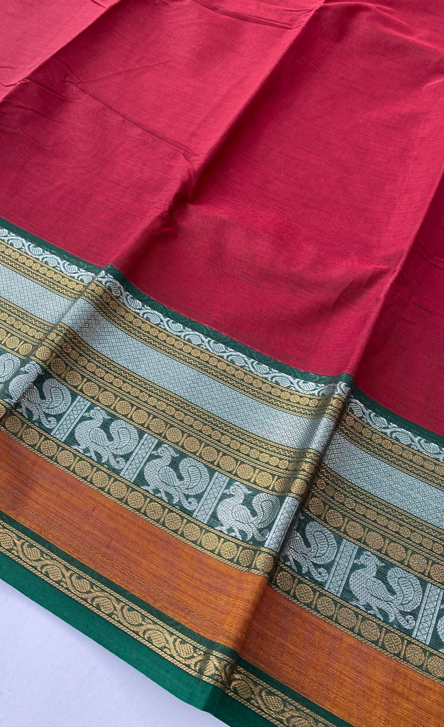 Chettinad Cotton Saree -  Reddish Maroon tone and Green shade