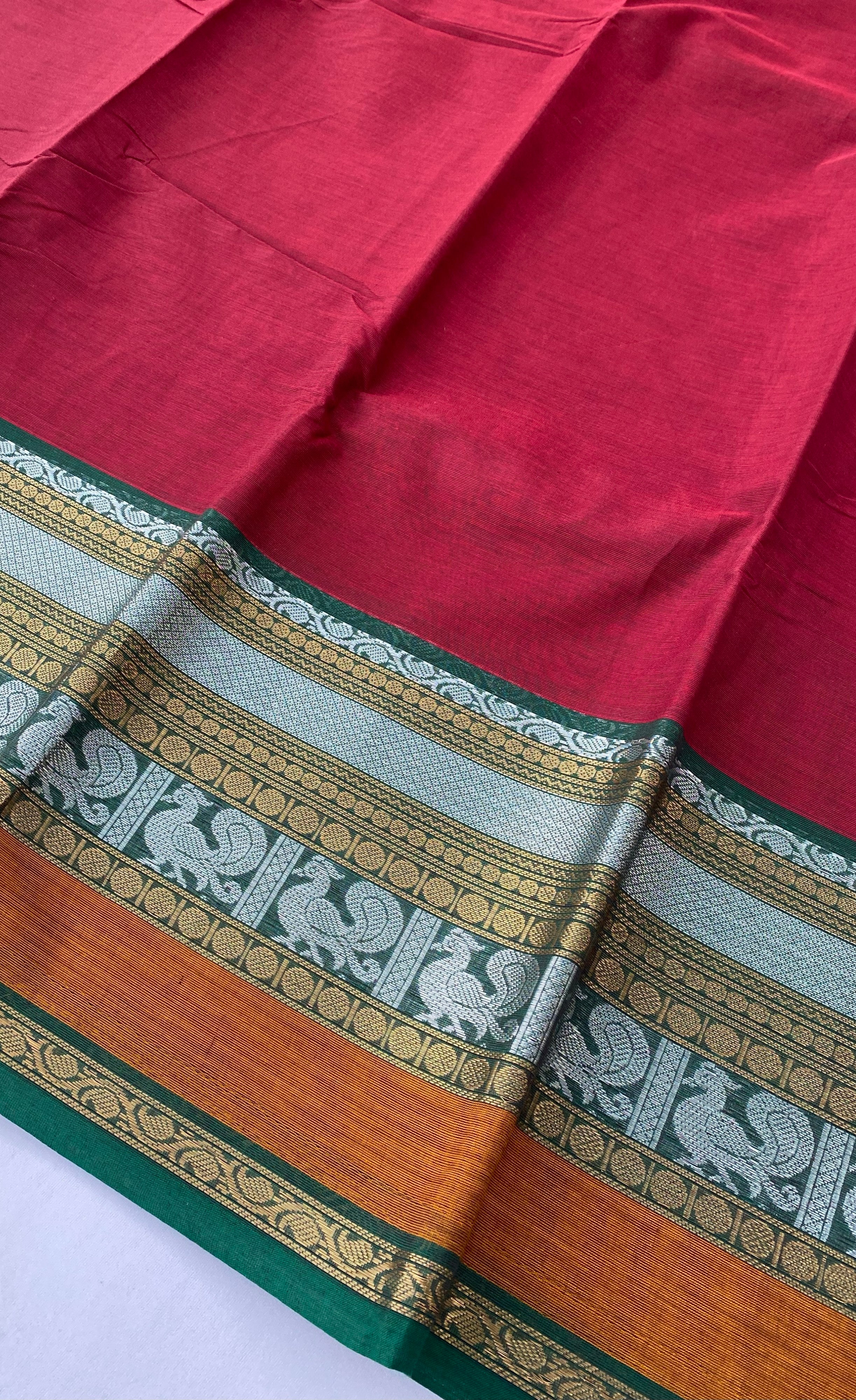 Chettinad Cotton Saree -  Reddish Maroon tone and Green shade