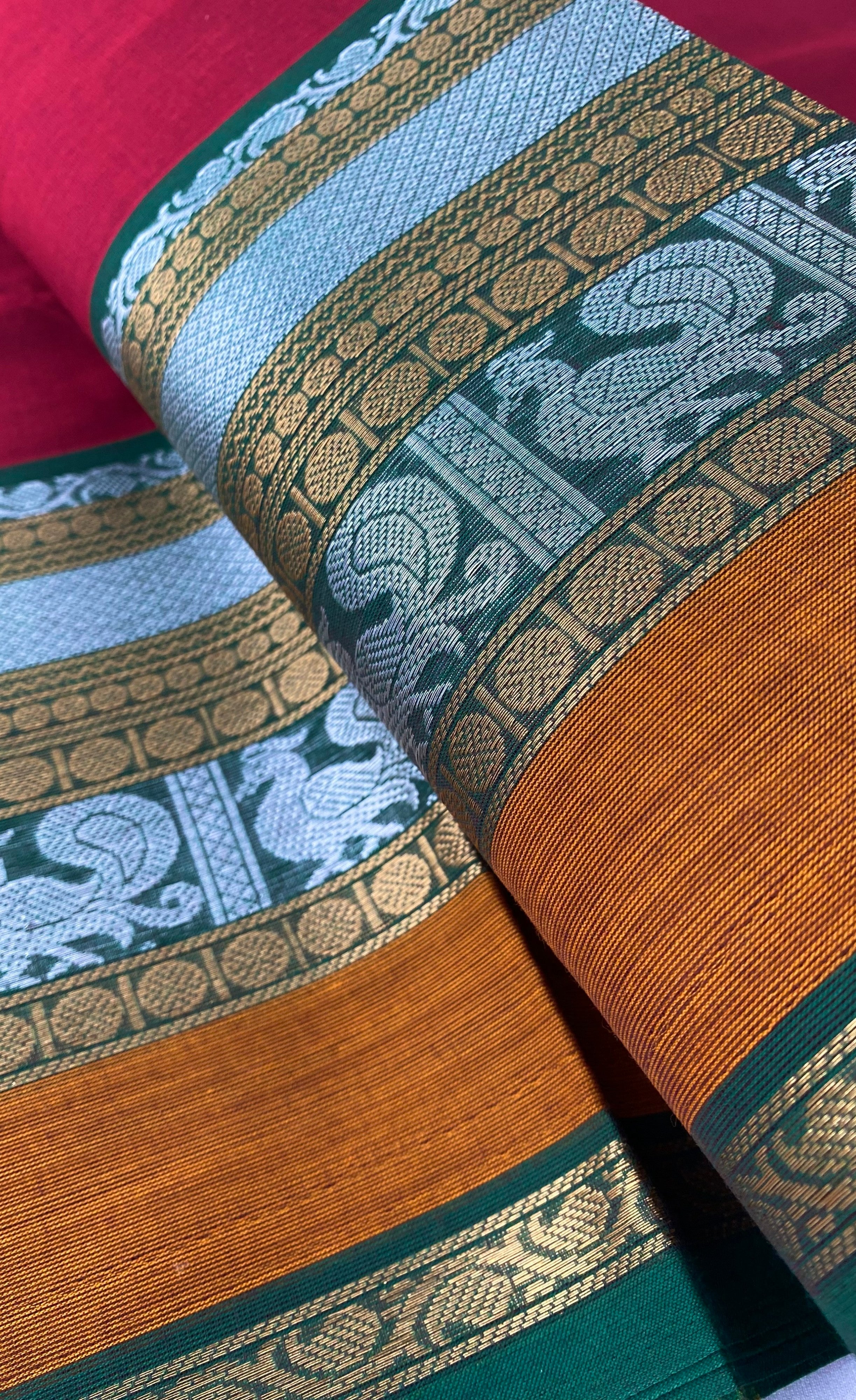 Chettinad Cotton Saree -  Reddish Maroon tone and Green shade