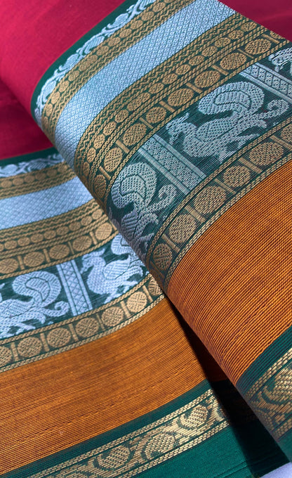 Chettinad Cotton Saree -  Reddish Maroon tone and Green shade