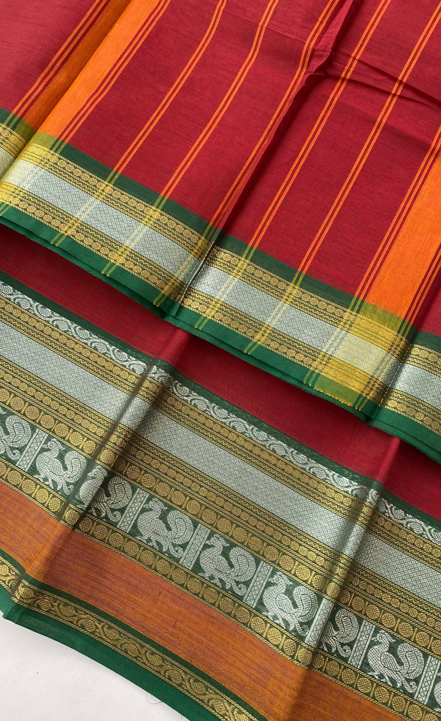 Chettinad Cotton Saree -  Reddish Maroon tone and Green shade