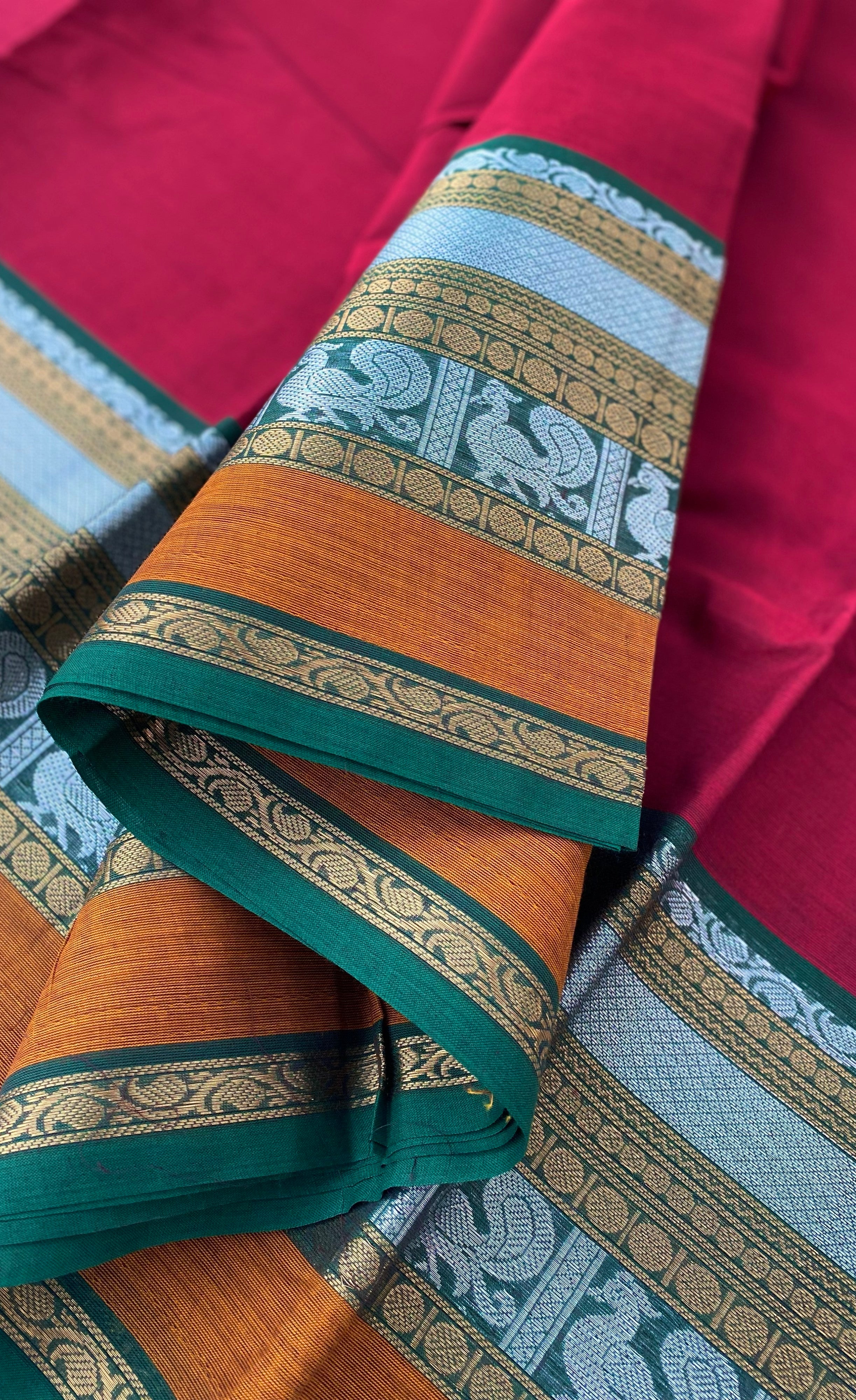 Chettinad Cotton Saree -  Reddish Maroon tone and Green shade