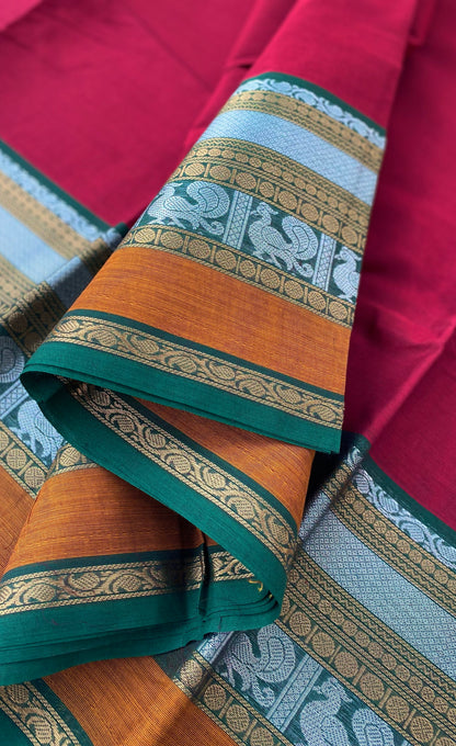 Chettinad Cotton Saree -  Reddish Maroon tone and Green shade